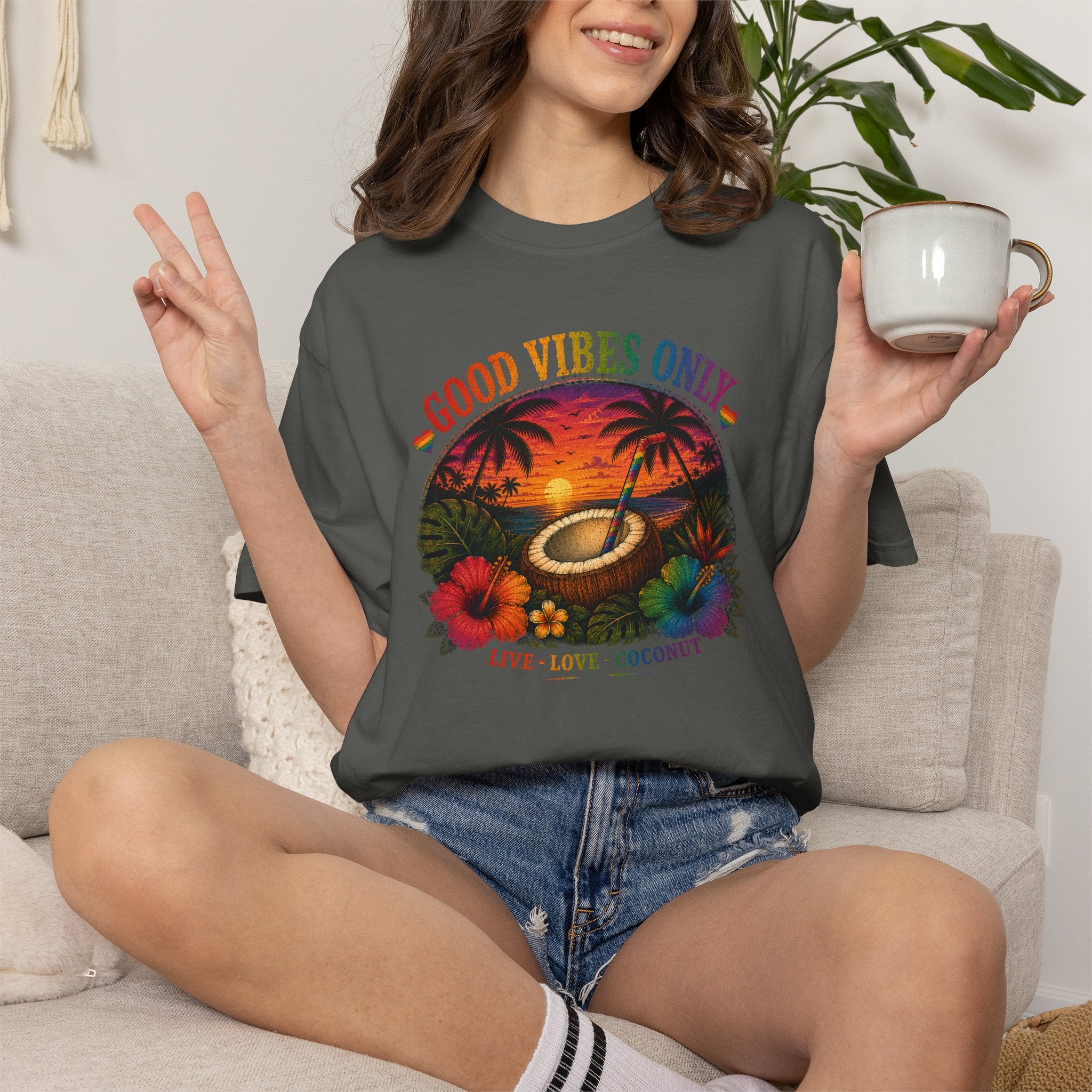 Good Vibes Only T-Shirt — Tropical Sunset Coconut Beach Tee