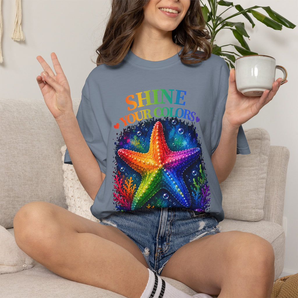 Shine Your Colors Starfish T-Shirt — "Different is Beautiful" Rainbow Ocean Tee