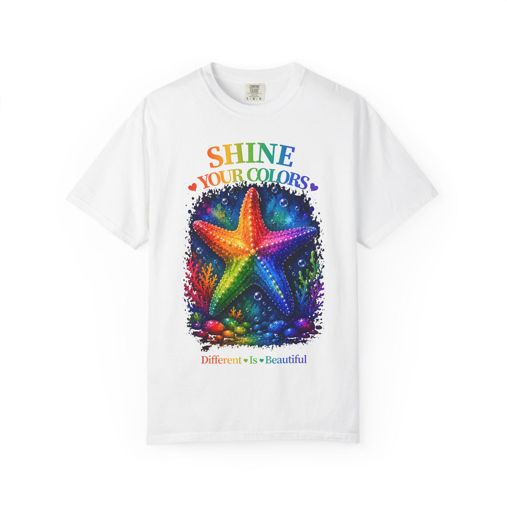 Shine Your Colors Starfish T-Shirt — "Different is Beautiful" Rainbow Ocean Tee