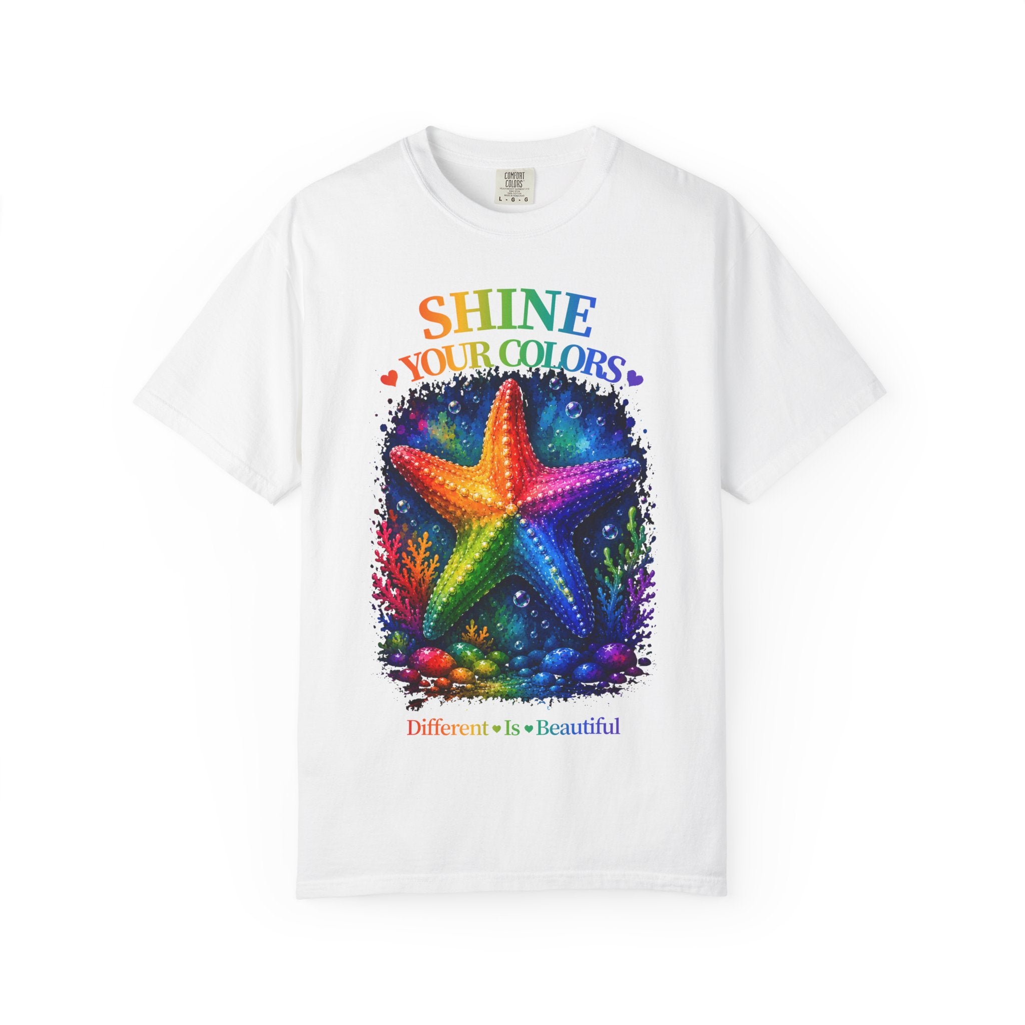 Shine Your Colors Starfish T-Shirt — "Different is Beautiful" Rainbow Ocean Tee