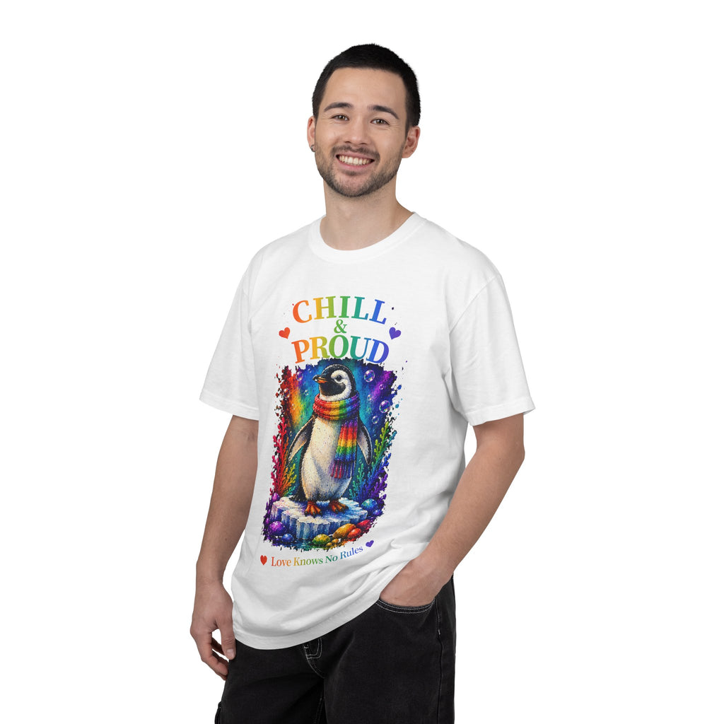 Chill & Proud Penguin T-Shirt — Rainbow LGBTQ+ Pride Tee (Love Knows No Rules)