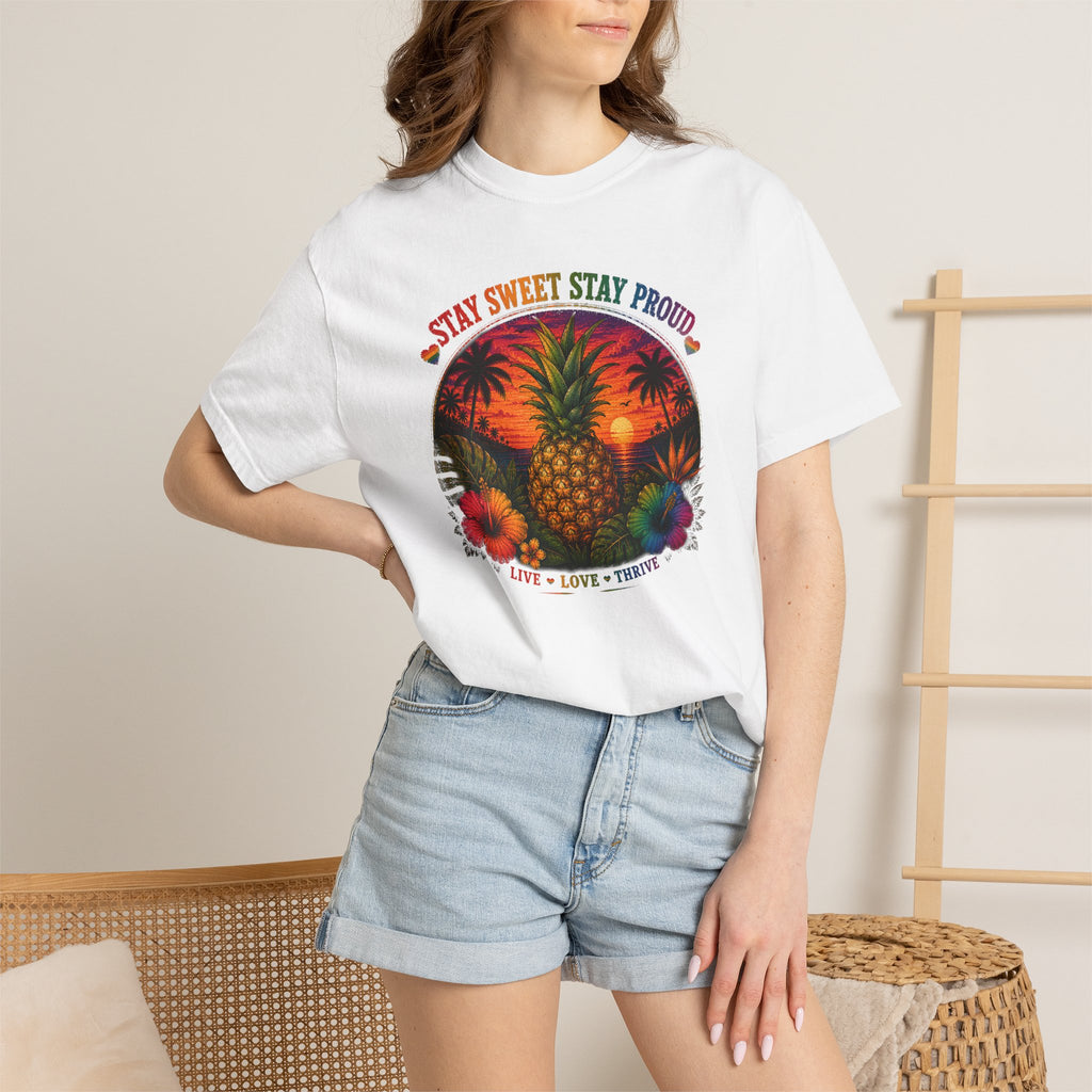 Pineapple Sunset T‑Shirt — “Stay Sweet Stay Proud” Tropical Graphic Tee