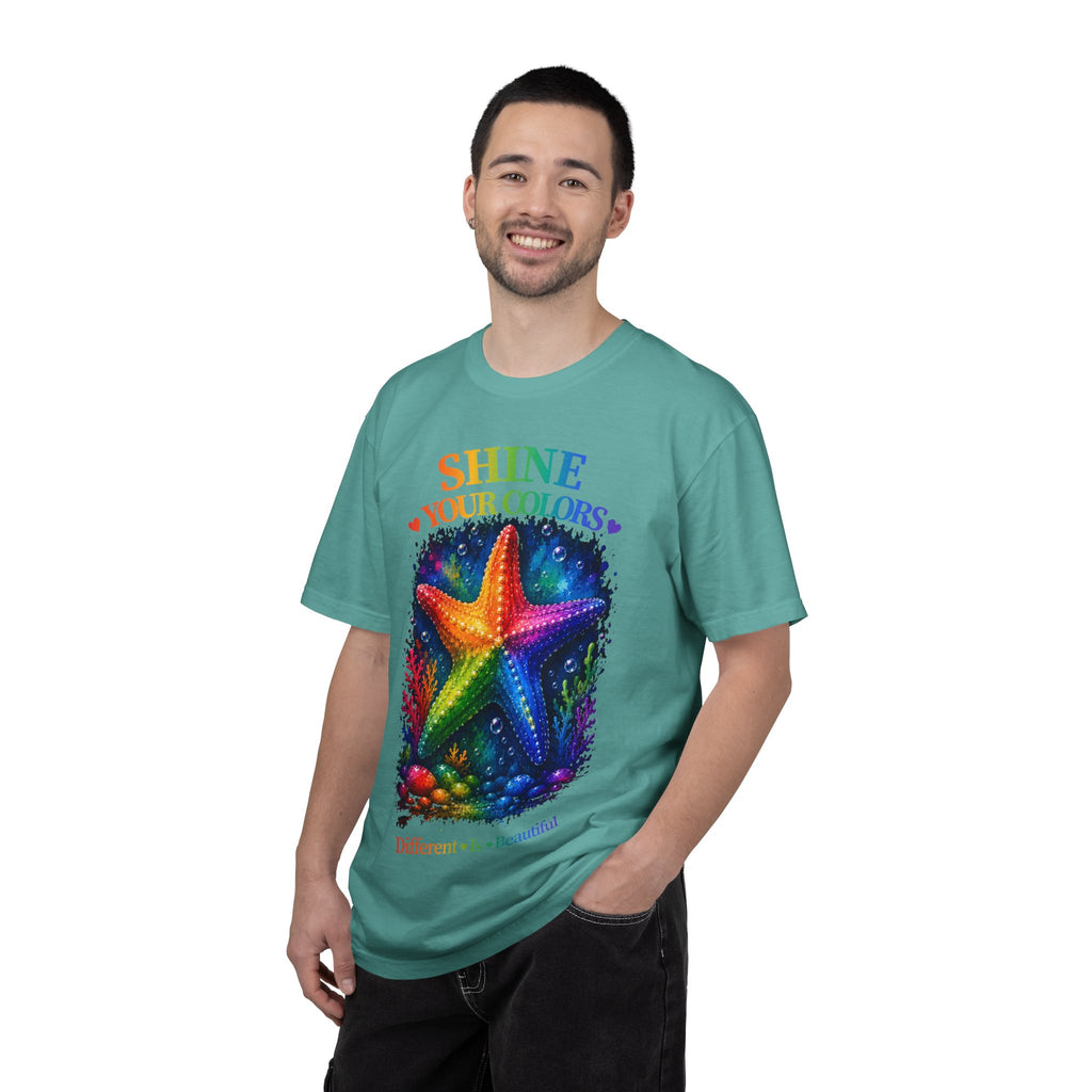 Shine Your Colors Starfish T-Shirt — "Different is Beautiful" Rainbow Ocean Tee