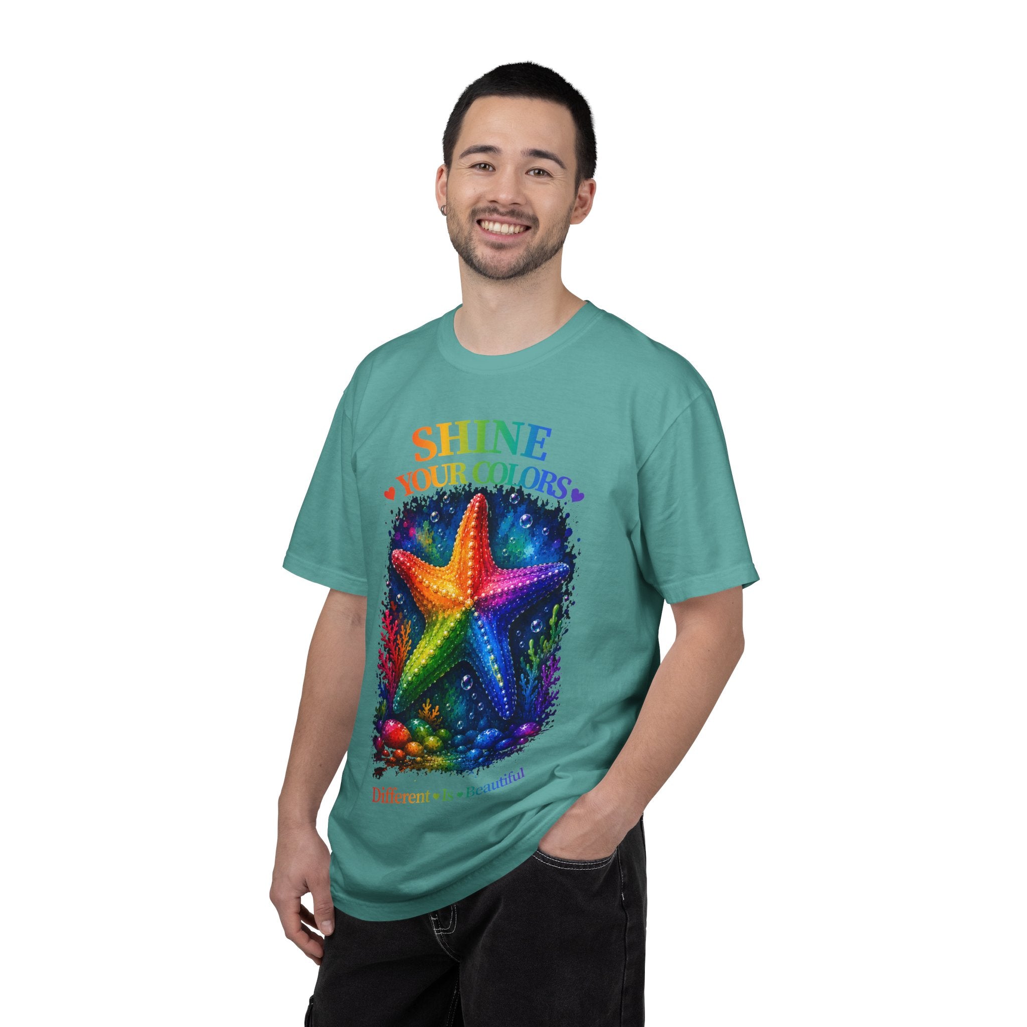 Shine Your Colors Starfish T-Shirt — "Different is Beautiful" Rainbow Ocean Tee