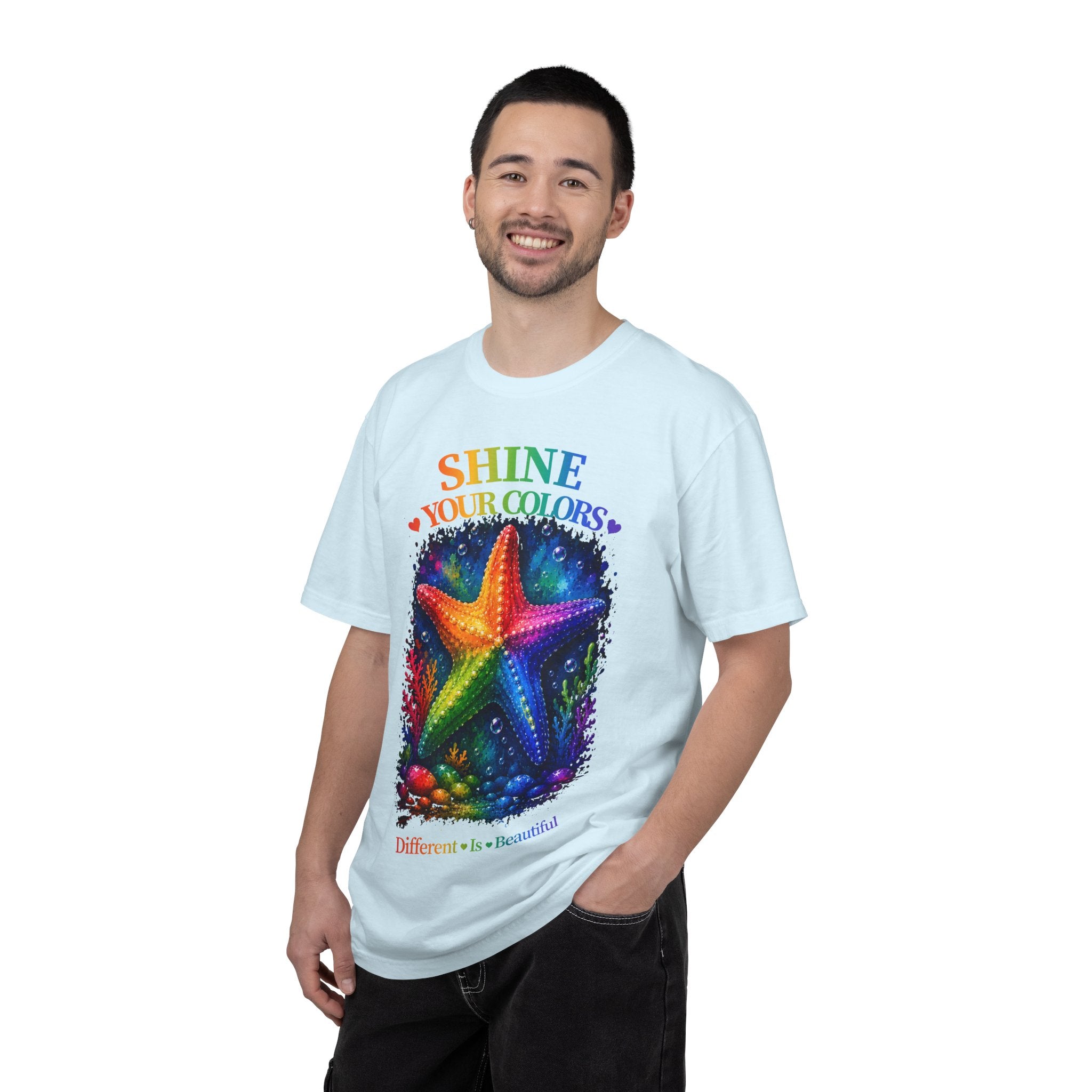 Shine Your Colors Starfish T-Shirt — "Different is Beautiful" Rainbow Ocean Tee