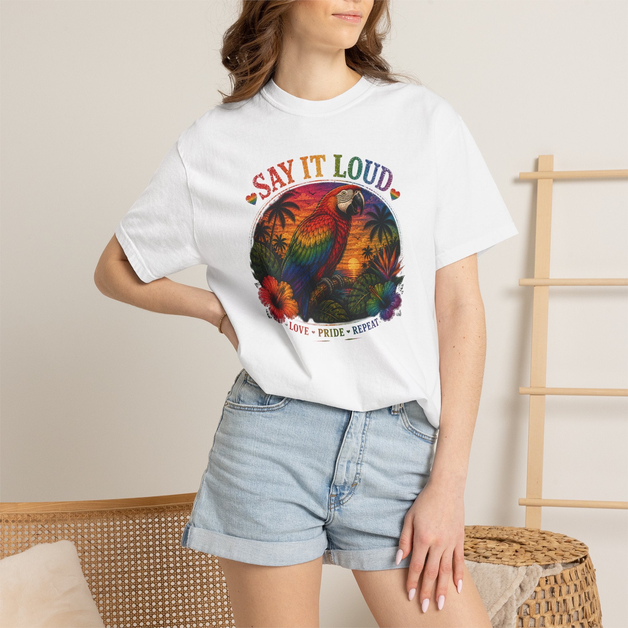 Say It Loud Parrot T-Shirt — Tropical Pride "Love • Pride • Repeat"