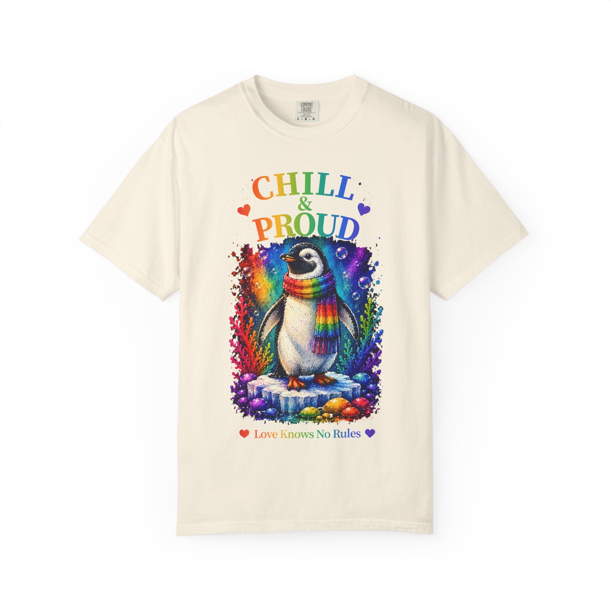 Chill & Proud Penguin T-Shirt — Rainbow LGBTQ+ Pride Tee (Love Knows No Rules)