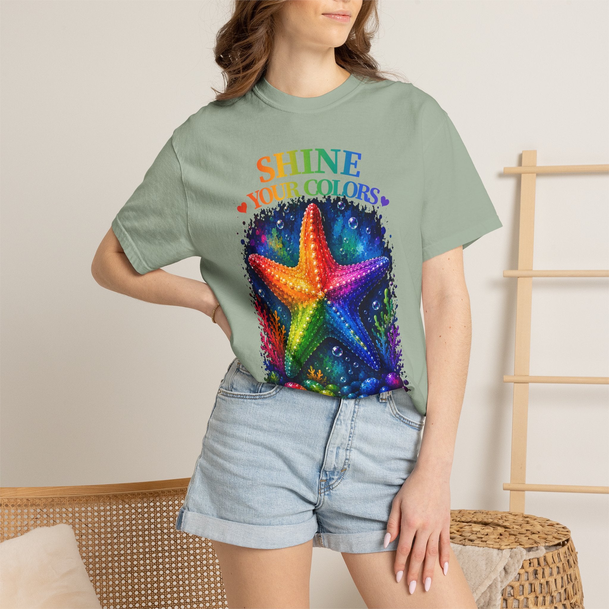 Shine Your Colors Starfish T-Shirt — "Different is Beautiful" Rainbow Ocean Tee