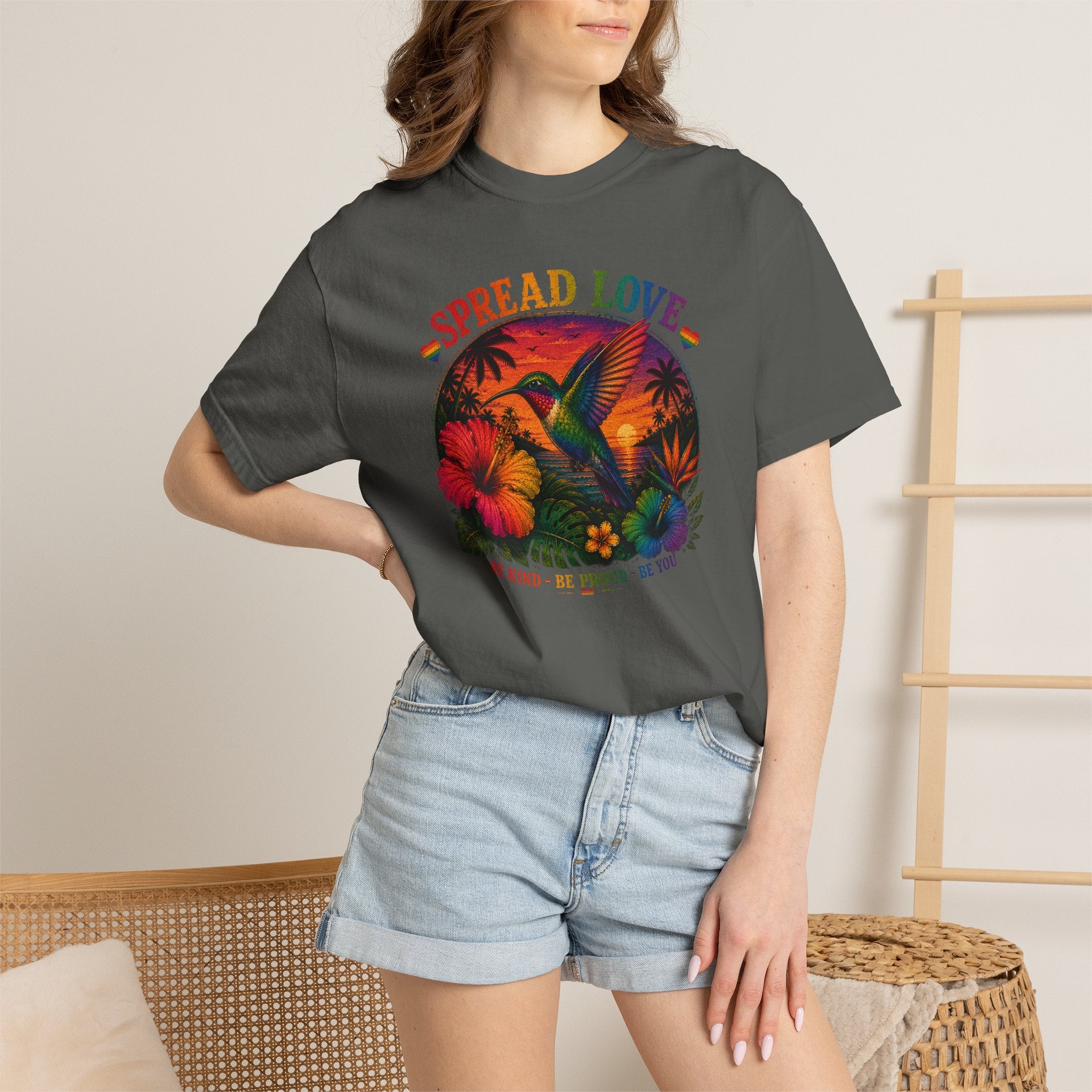 Spread Love T-Shirt — Retro Hummingbird Sunset Floral Tee (Be Kind • Be Proud • Be You)