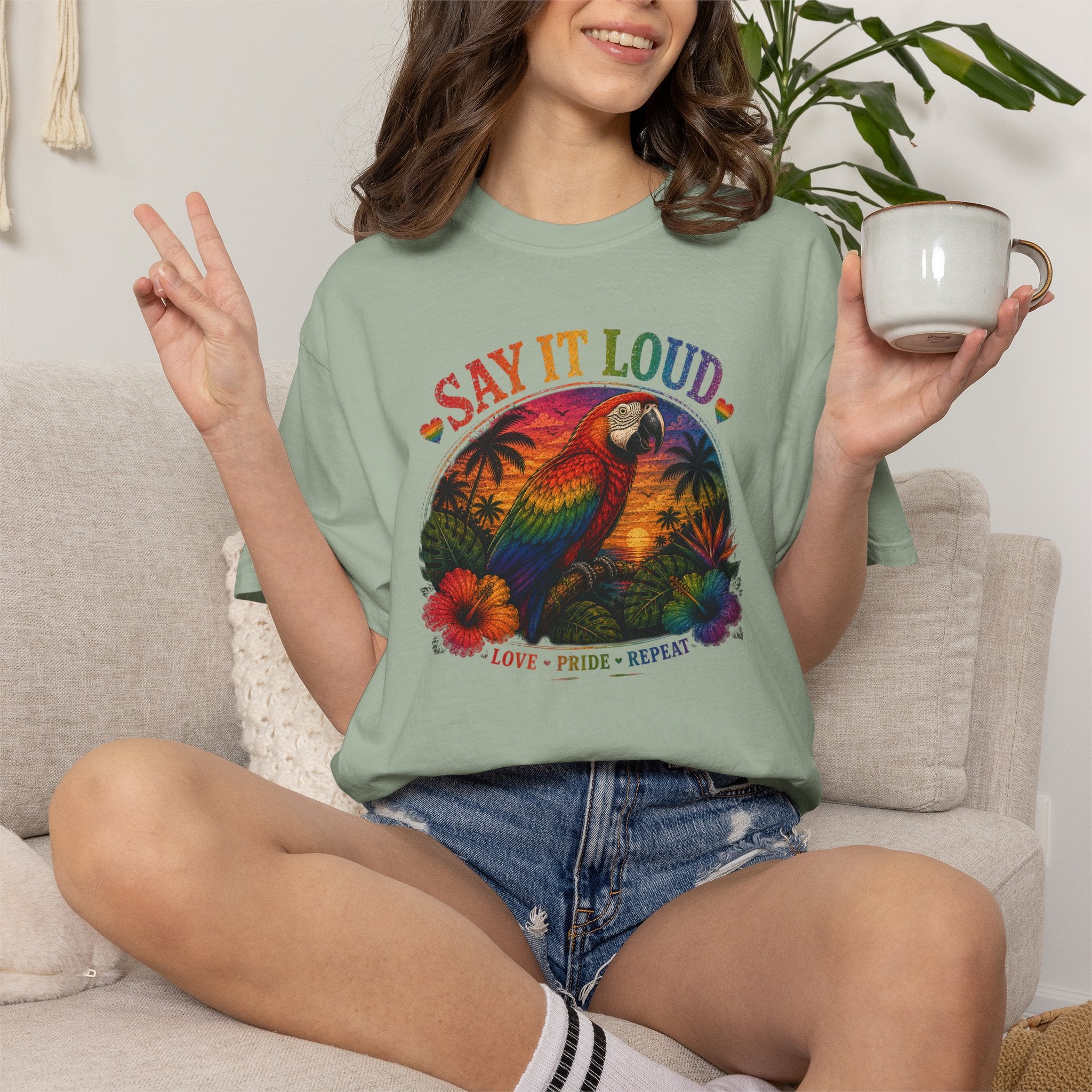 Say It Loud Parrot T-Shirt — Tropical Pride "Love • Pride • Repeat"