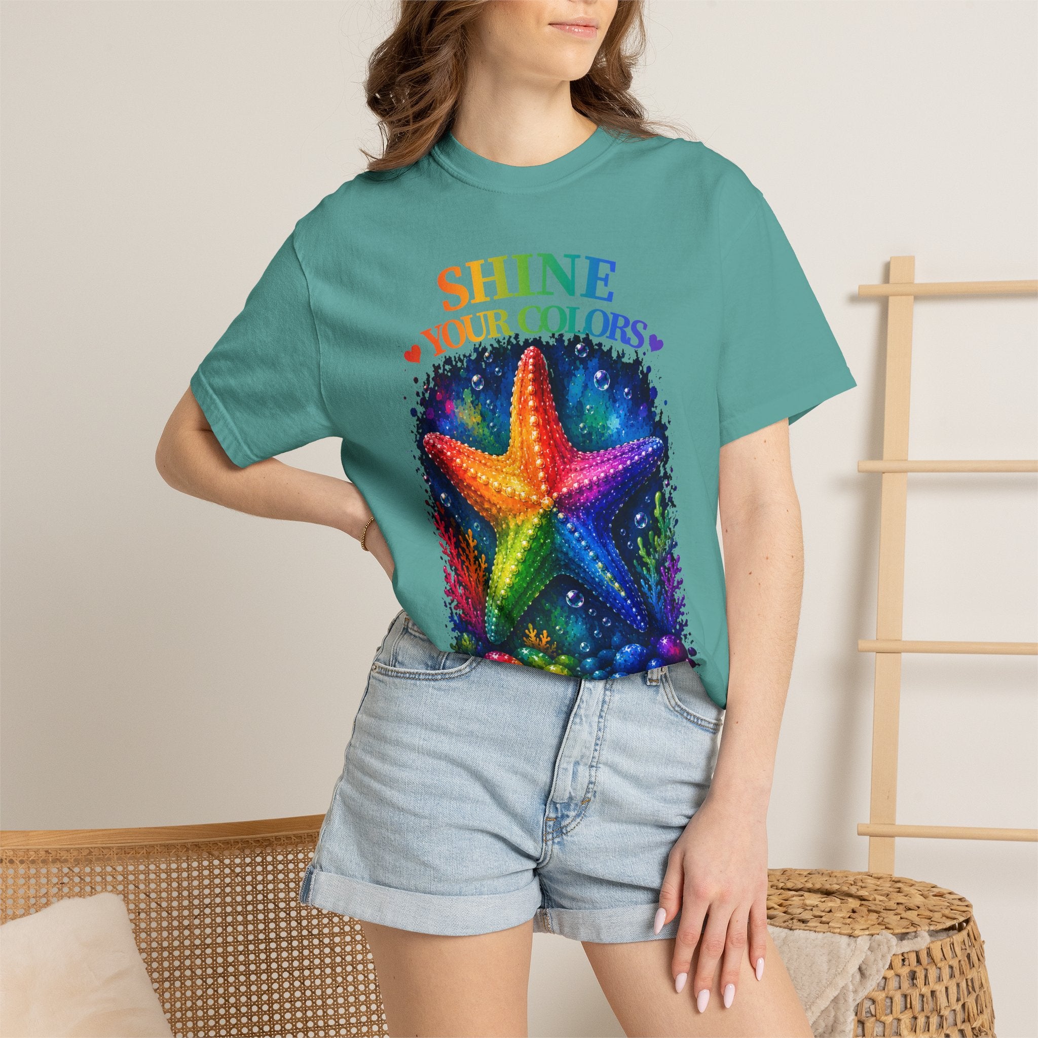 Shine Your Colors Starfish T-Shirt — "Different is Beautiful" Rainbow Ocean Tee