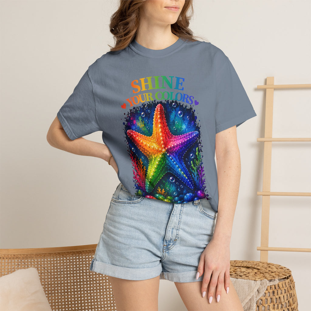 Shine Your Colors Starfish T-Shirt — "Different is Beautiful" Rainbow Ocean Tee
