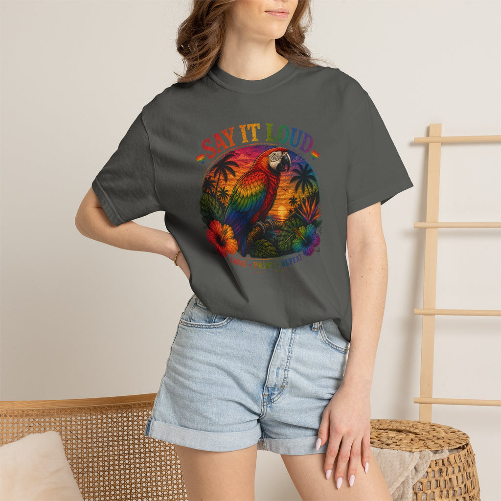 Say It Loud Parrot T-Shirt — Tropical Pride "Love • Pride • Repeat"