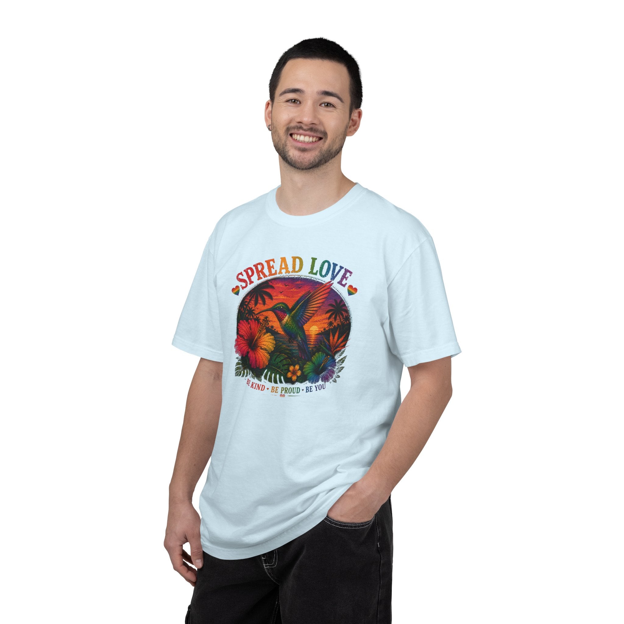 Spread Love T-Shirt — Retro Hummingbird Sunset Floral Tee (Be Kind • Be Proud • Be You)