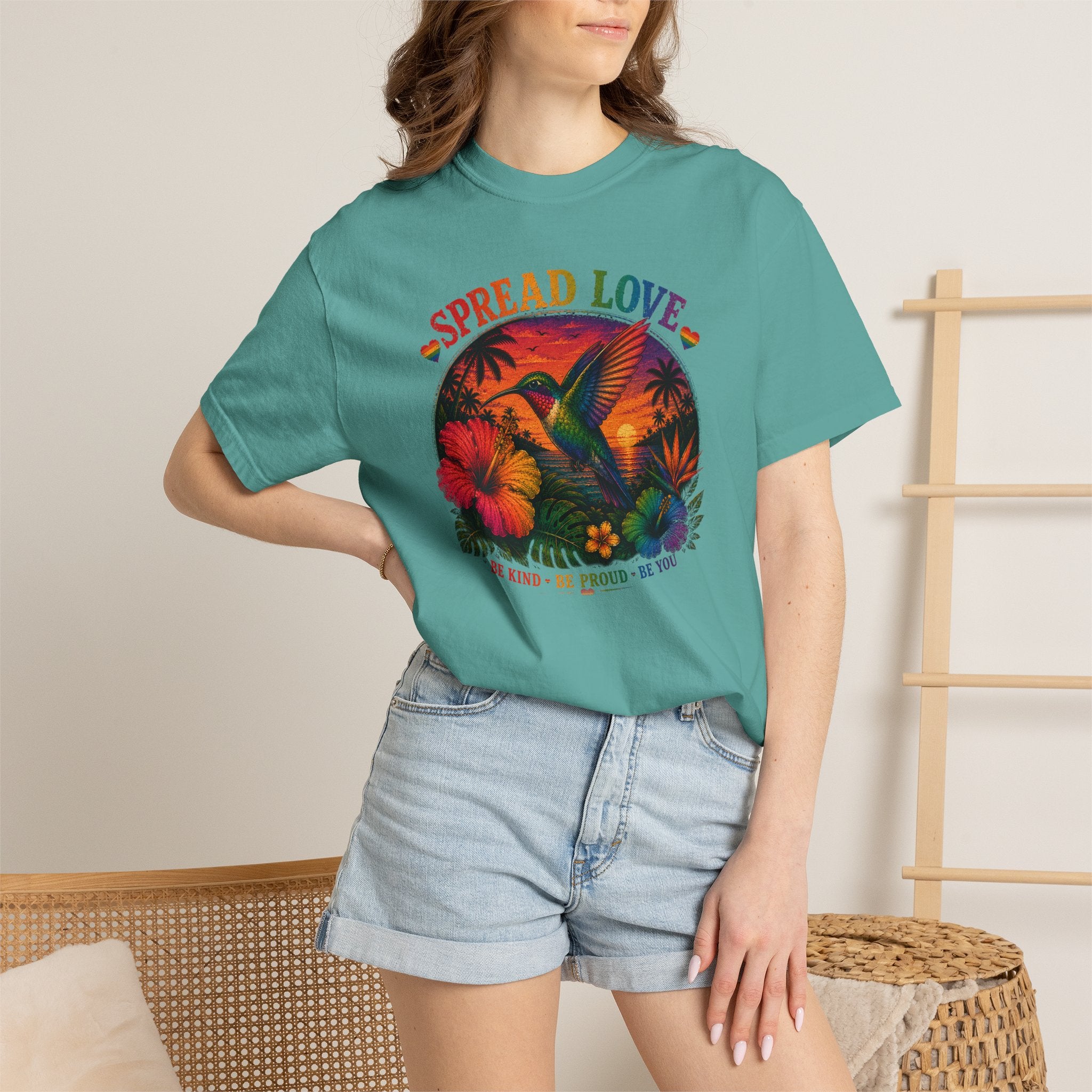Spread Love T-Shirt — Retro Hummingbird Sunset Floral Tee (Be Kind • Be Proud • Be You)
