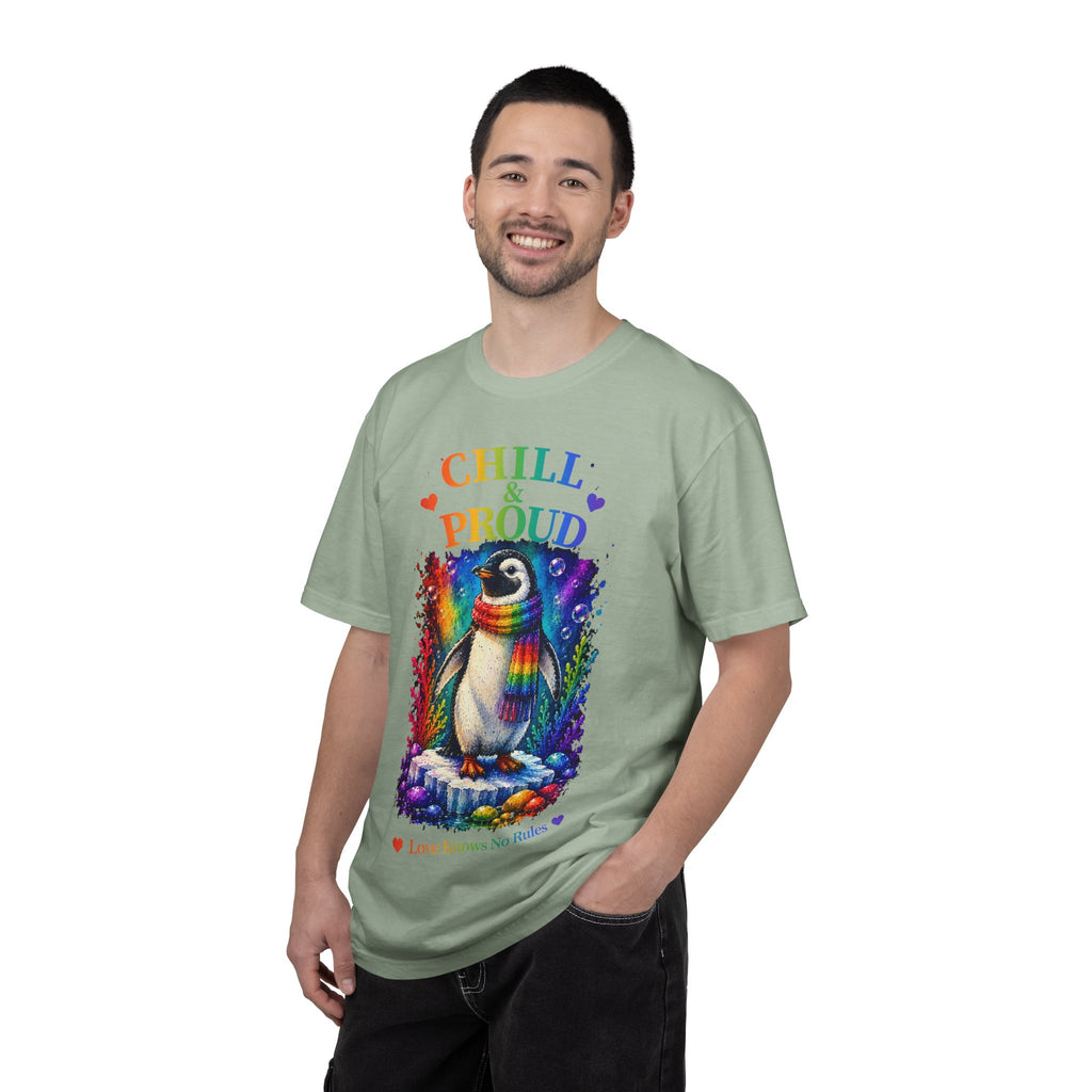 Chill & Proud Penguin T-Shirt — Rainbow LGBTQ+ Pride Tee (Love Knows No Rules)