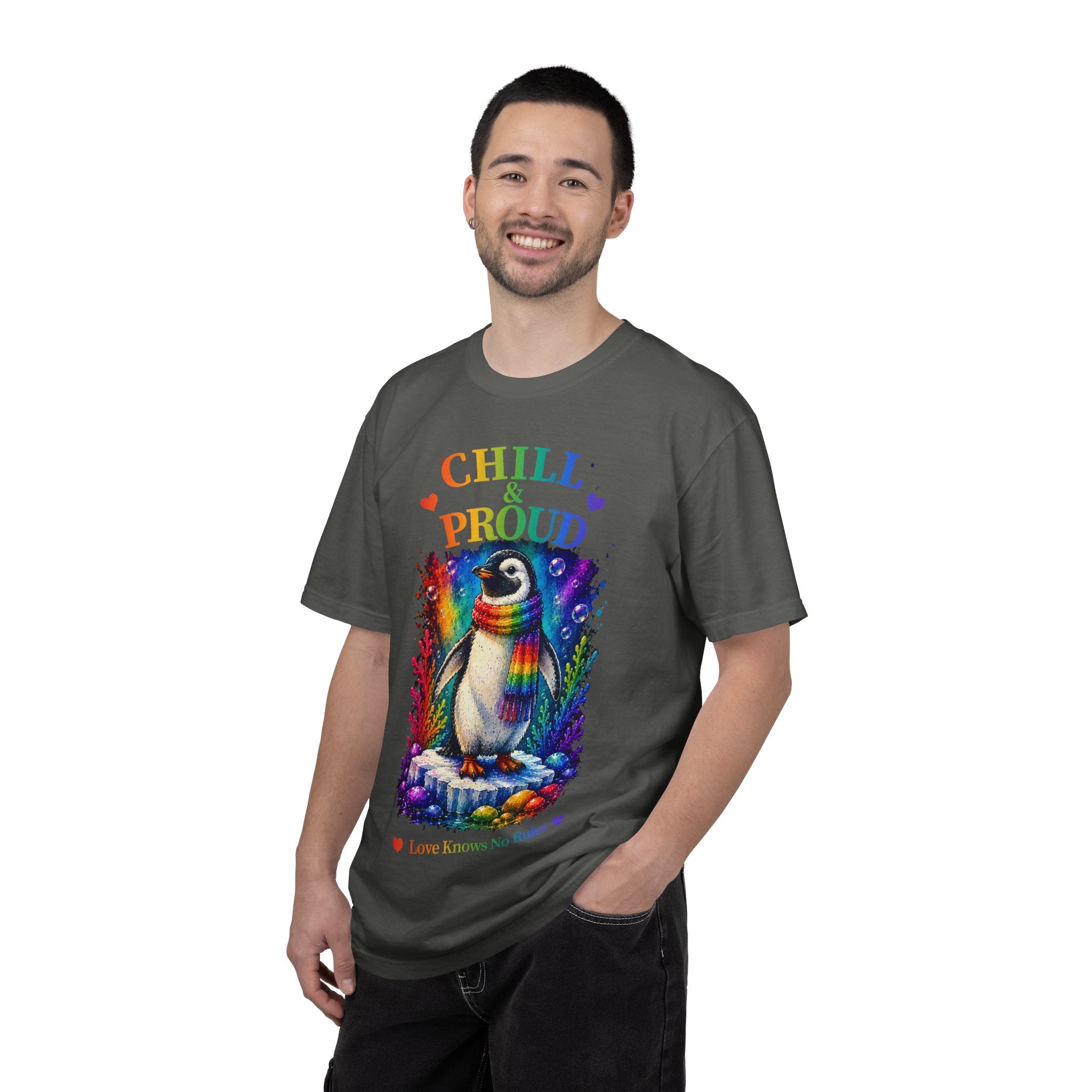 Chill & Proud Penguin T-Shirt — Rainbow LGBTQ+ Pride Tee (Love Knows No Rules)