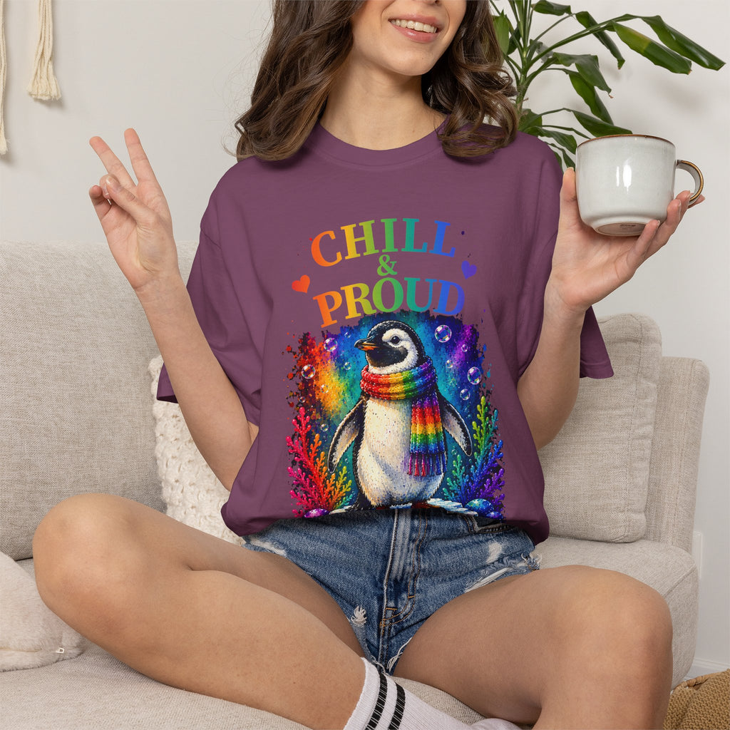 Chill & Proud Penguin T-Shirt — Rainbow LGBTQ+ Pride Tee (Love Knows No Rules)