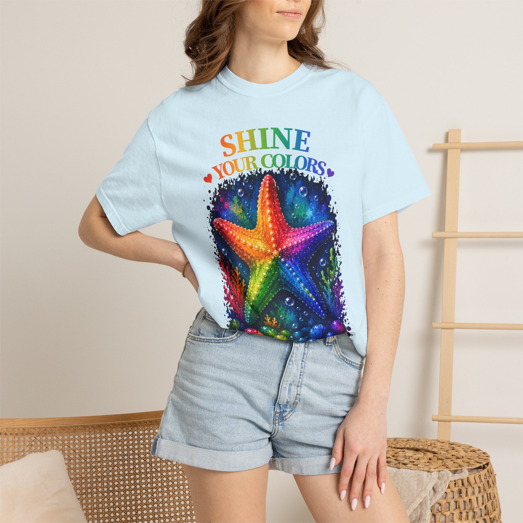 Shine Your Colors Starfish T-Shirt — "Different is Beautiful" Rainbow Ocean Tee