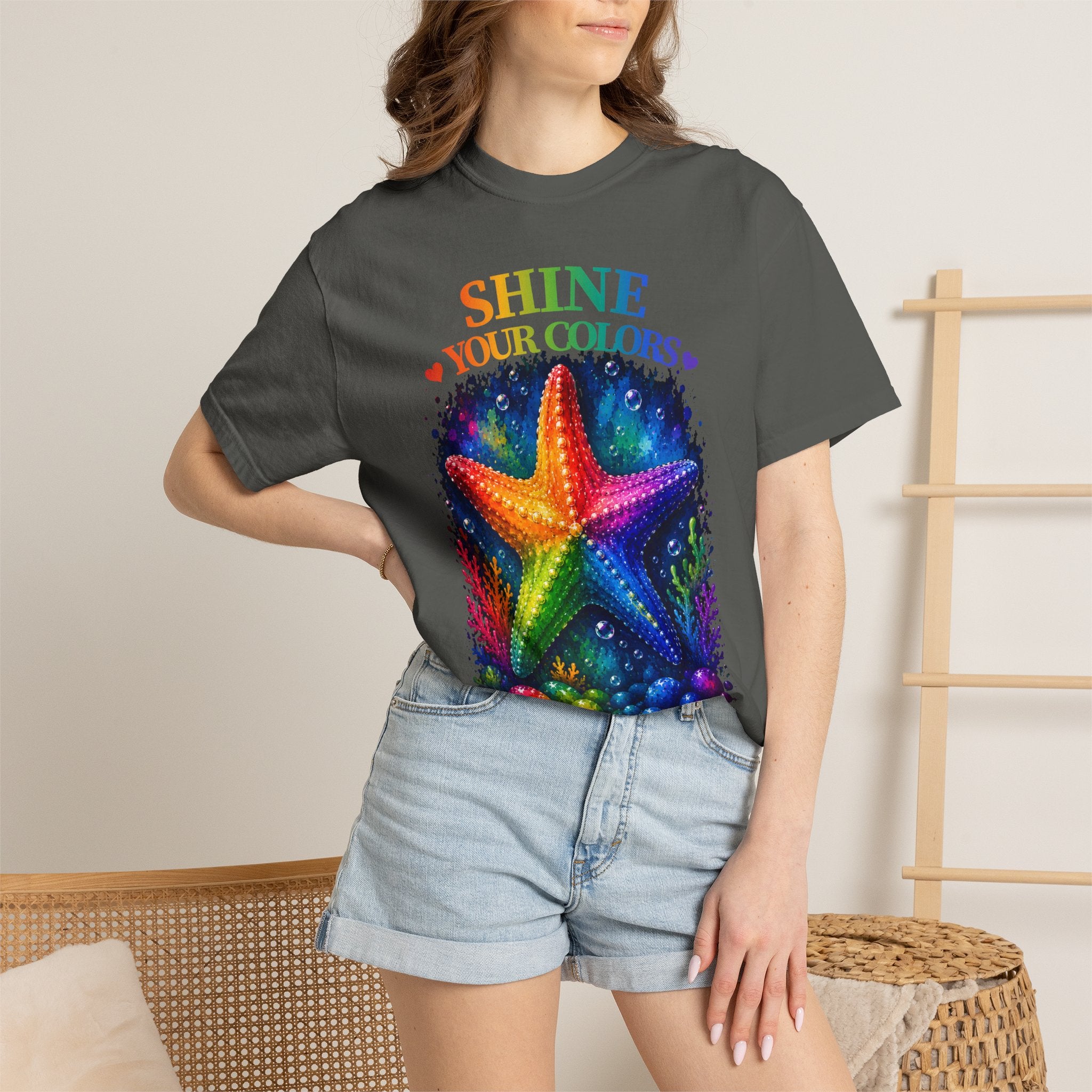 Shine Your Colors Starfish T-Shirt — "Different is Beautiful" Rainbow Ocean Tee
