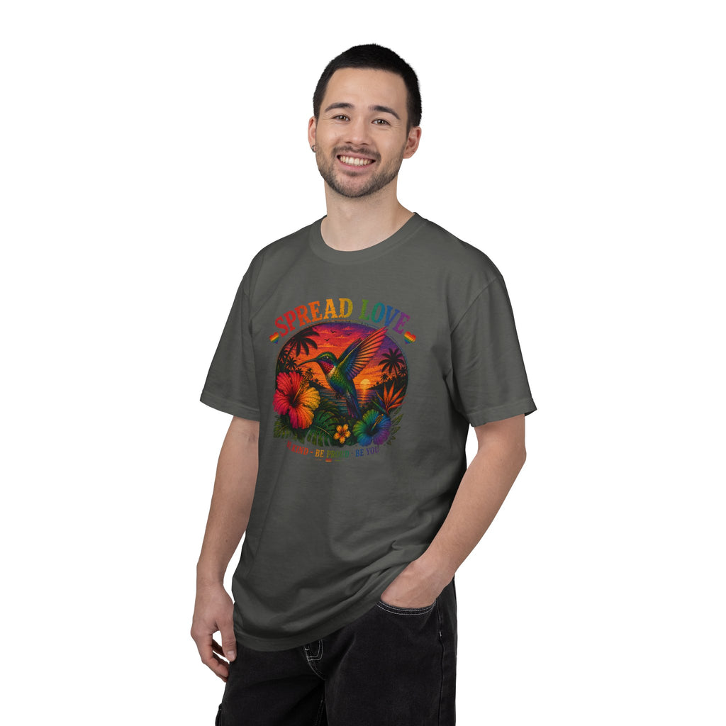 Spread Love T-Shirt — Retro Hummingbird Sunset Floral Tee (Be Kind • Be Proud • Be You)