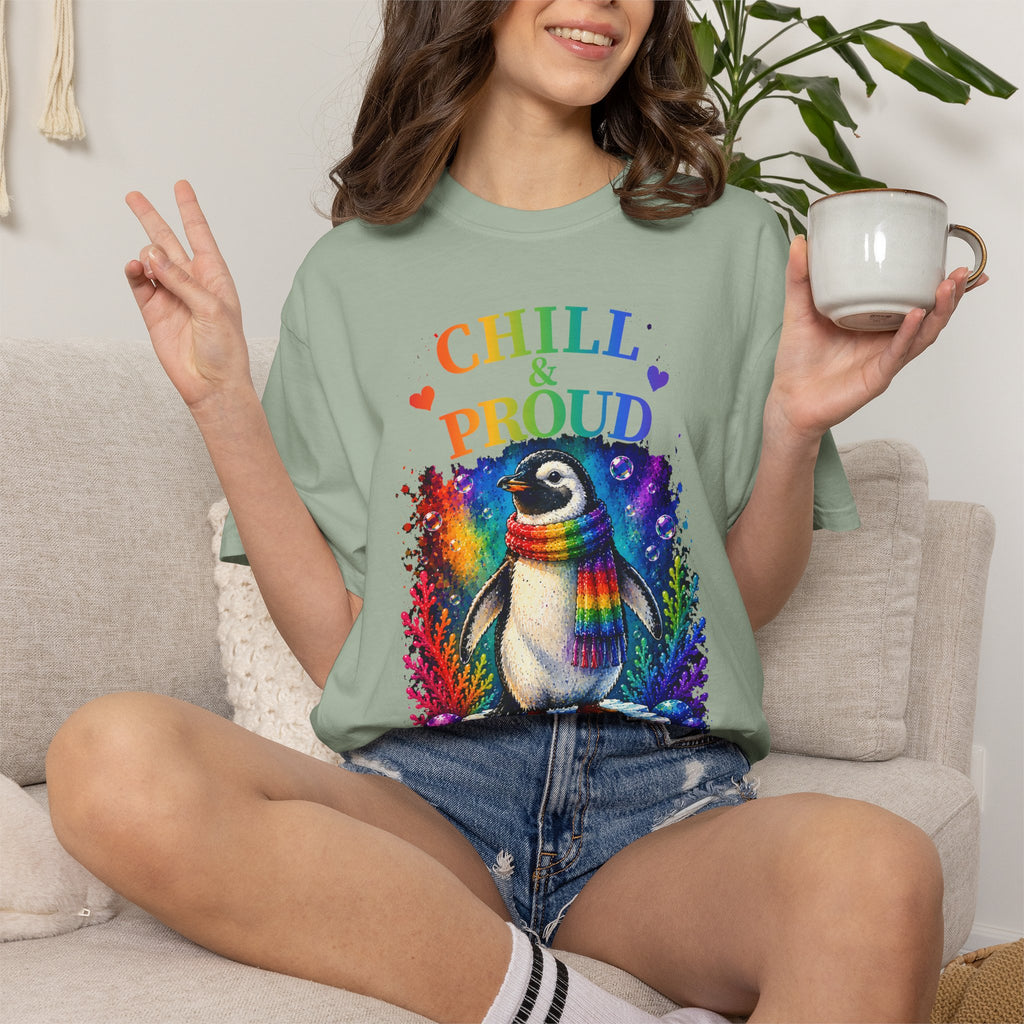 Chill & Proud Penguin T-Shirt — Rainbow LGBTQ+ Pride Tee (Love Knows No Rules)