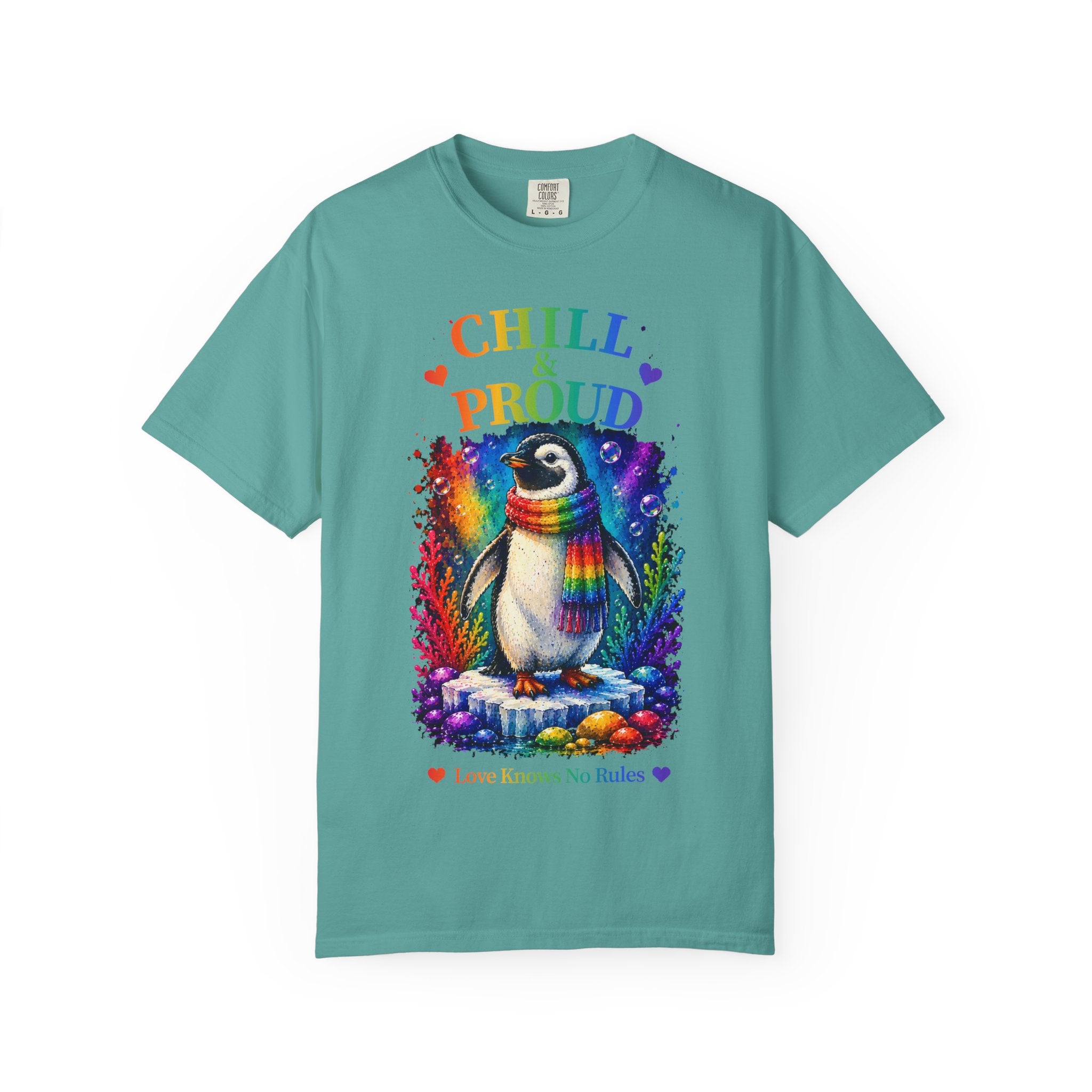Chill & Proud Penguin T-Shirt — Rainbow LGBTQ+ Pride Tee (Love Knows No Rules)