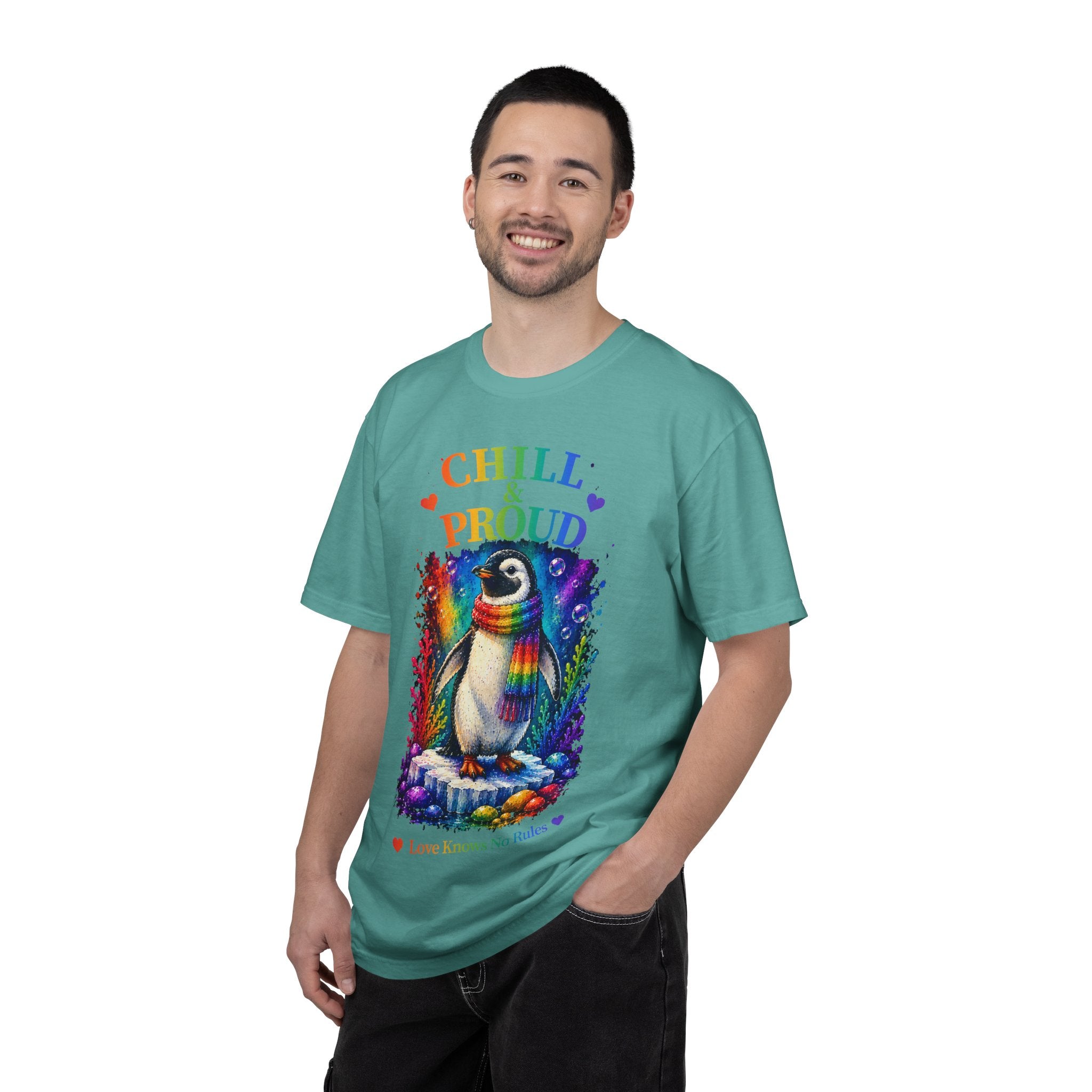 Chill & Proud Penguin T-Shirt — Rainbow LGBTQ+ Pride Tee (Love Knows No Rules)