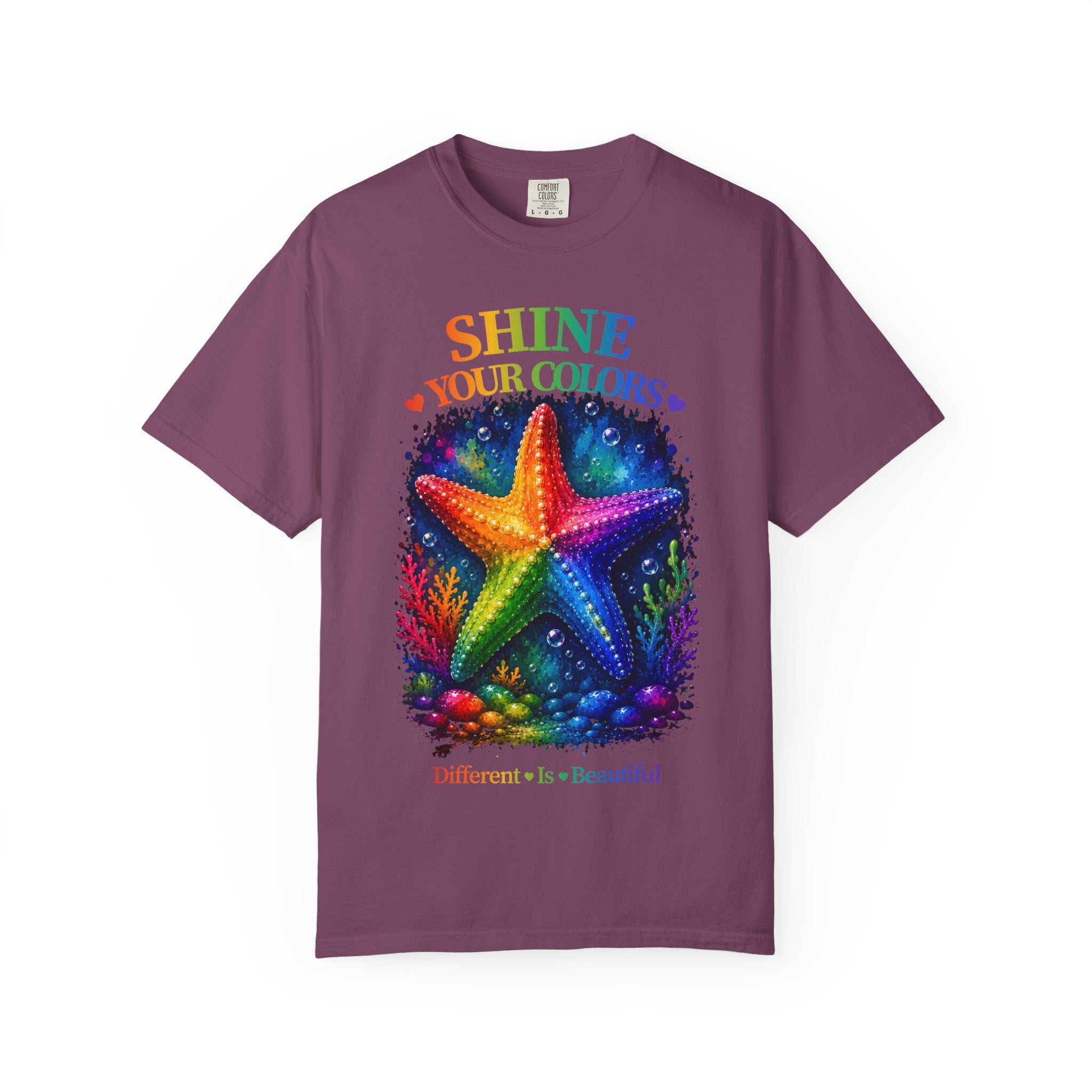 Shine Your Colors Starfish T-Shirt — "Different is Beautiful" Rainbow Ocean Tee