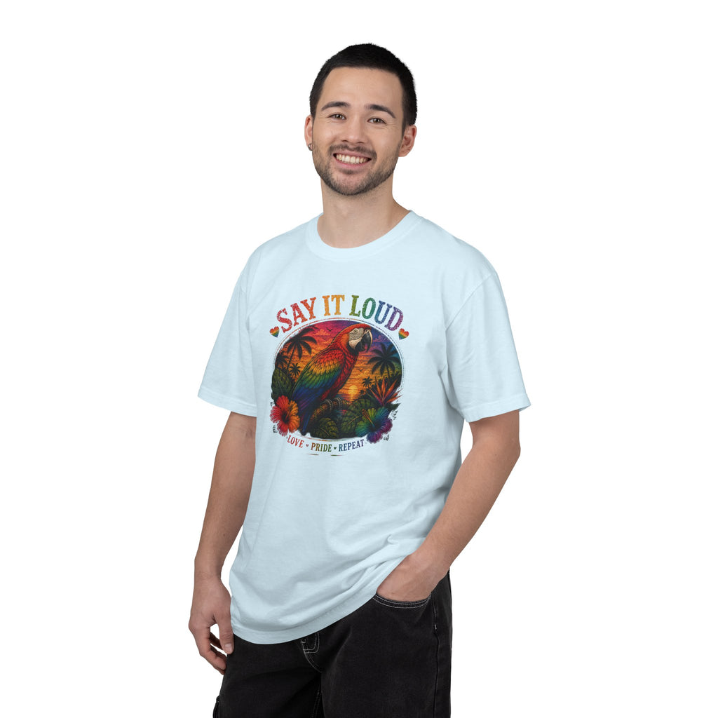 Say It Loud Parrot T-Shirt — Tropical Pride "Love • Pride • Repeat"