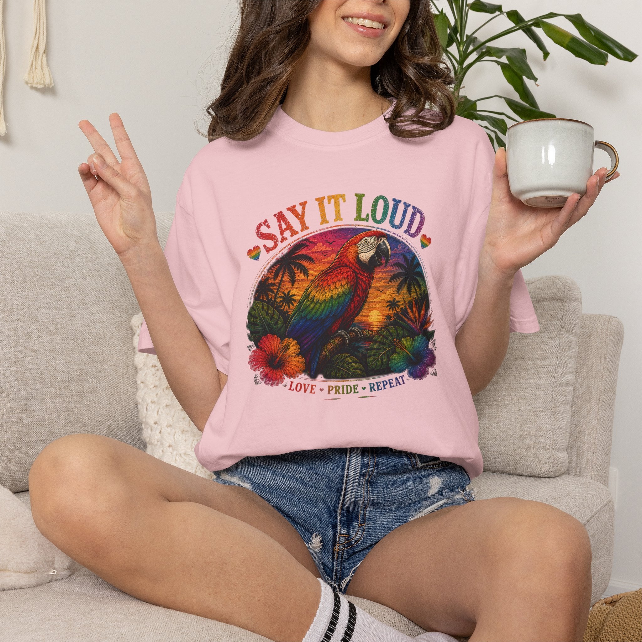 Say It Loud Parrot T-Shirt — Tropical Pride "Love • Pride • Repeat"