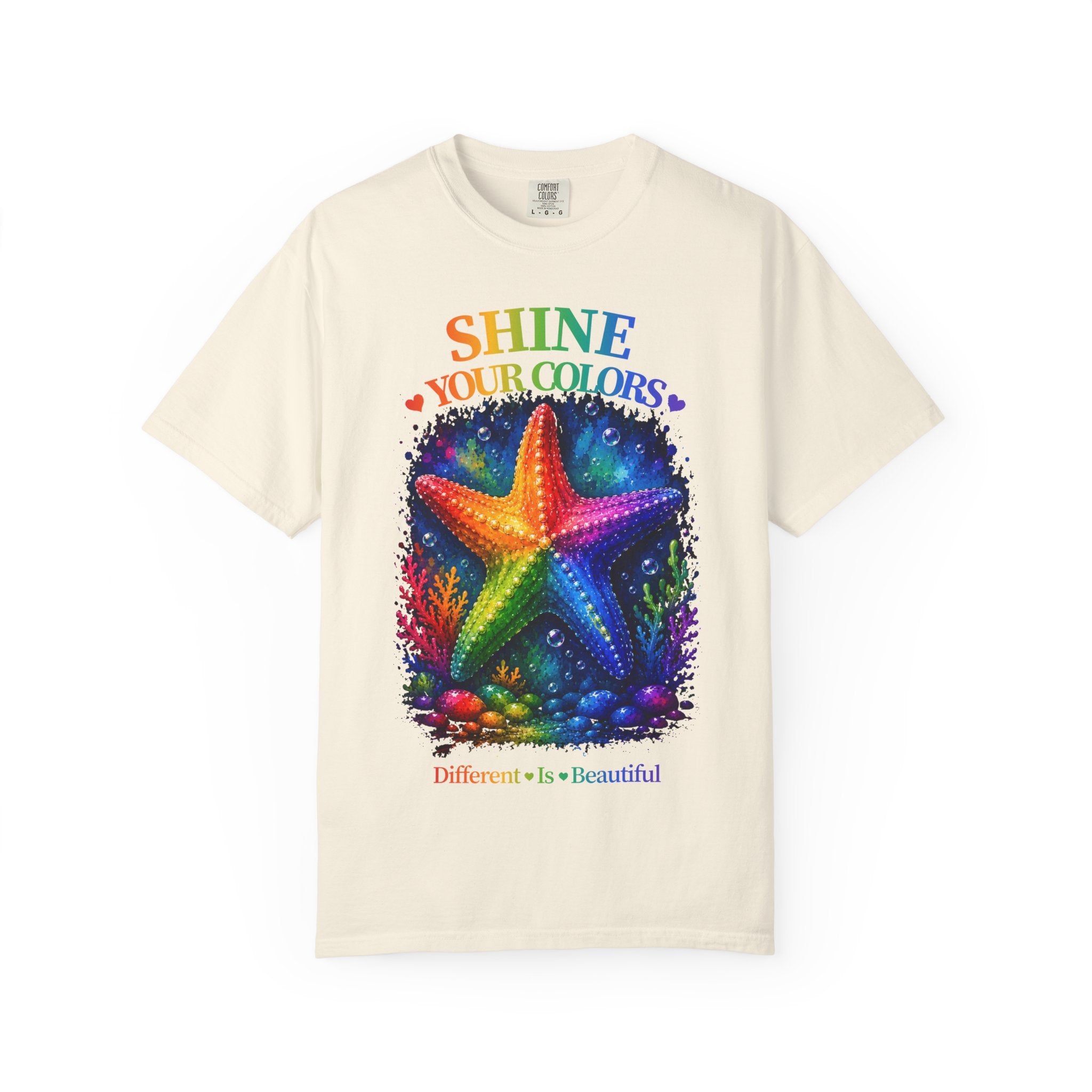 Shine Your Colors Starfish T-Shirt — "Different is Beautiful" Rainbow Ocean Tee
