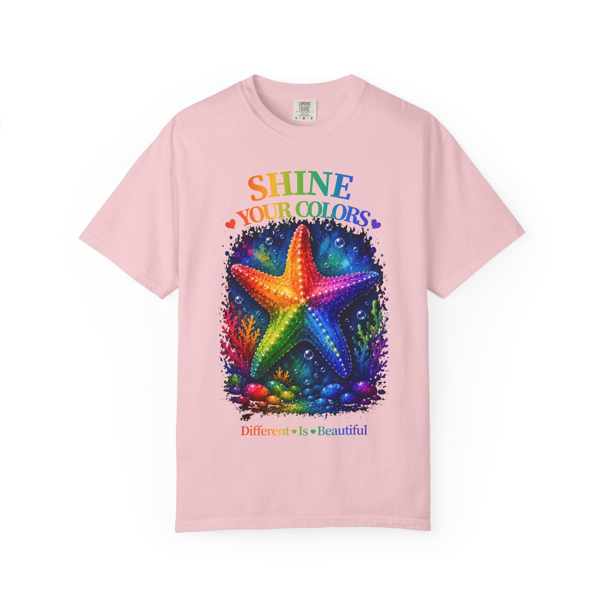 Shine Your Colors Starfish T-Shirt — "Different is Beautiful" Rainbow Ocean Tee