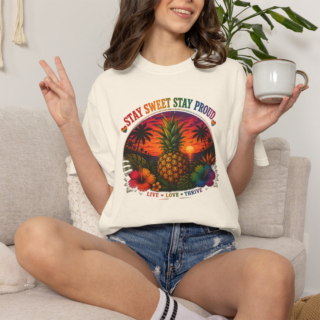 Pineapple Sunset T‑Shirt — “Stay Sweet Stay Proud” Tropical Graphic Tee