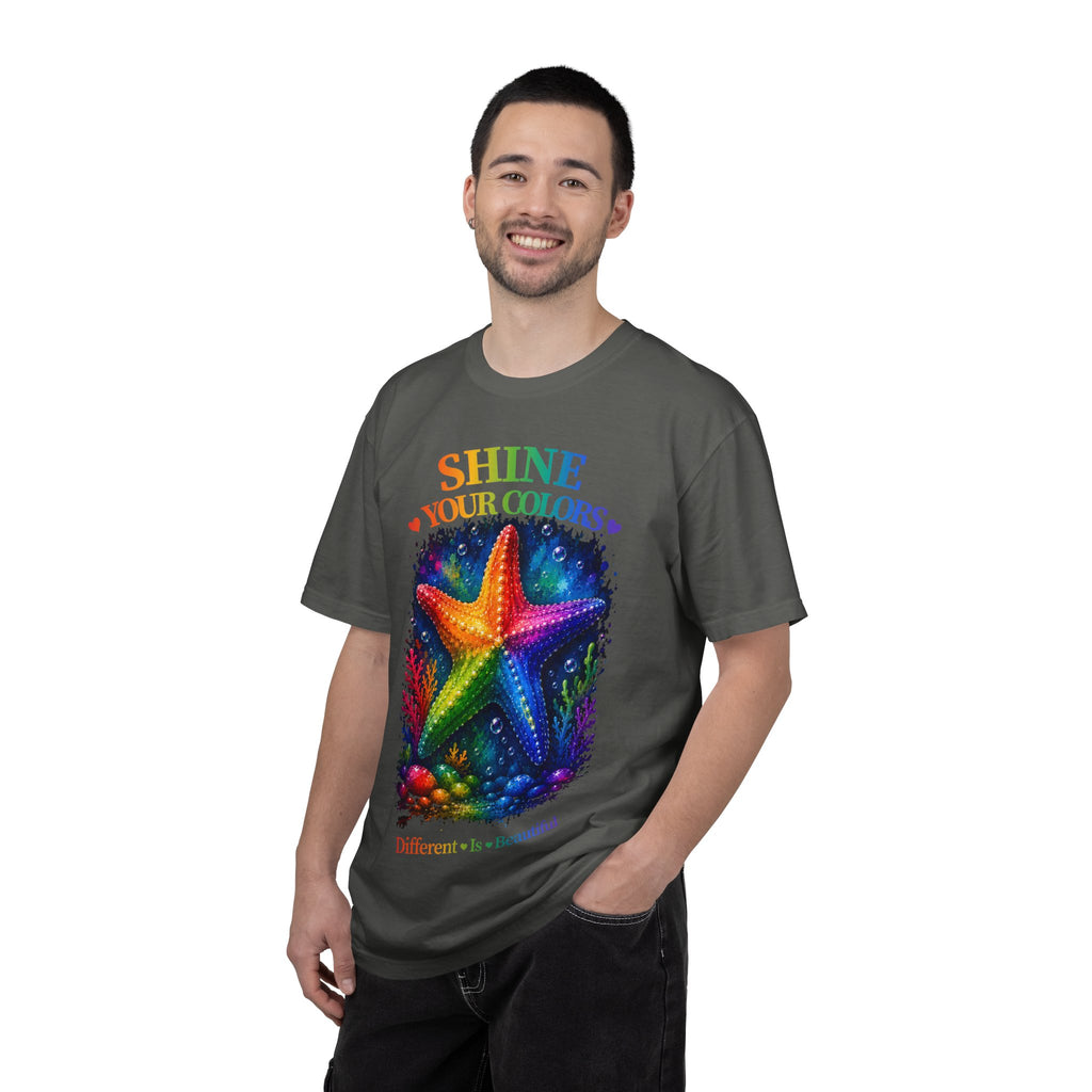 Shine Your Colors Starfish T-Shirt — "Different is Beautiful" Rainbow Ocean Tee