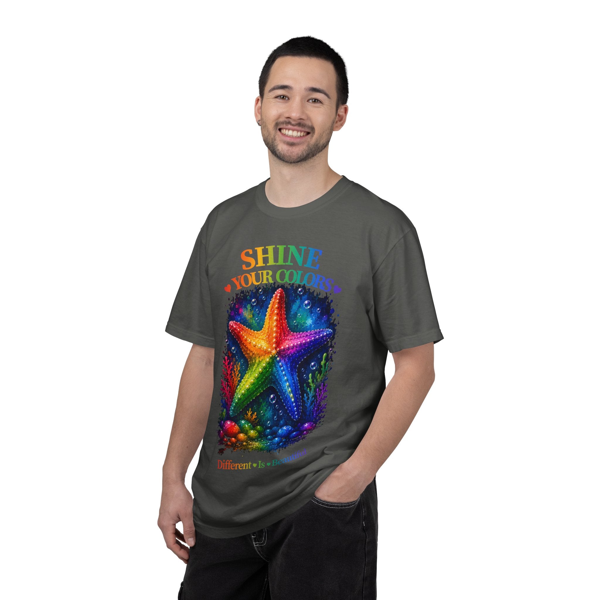 Shine Your Colors Starfish T-Shirt — "Different is Beautiful" Rainbow Ocean Tee