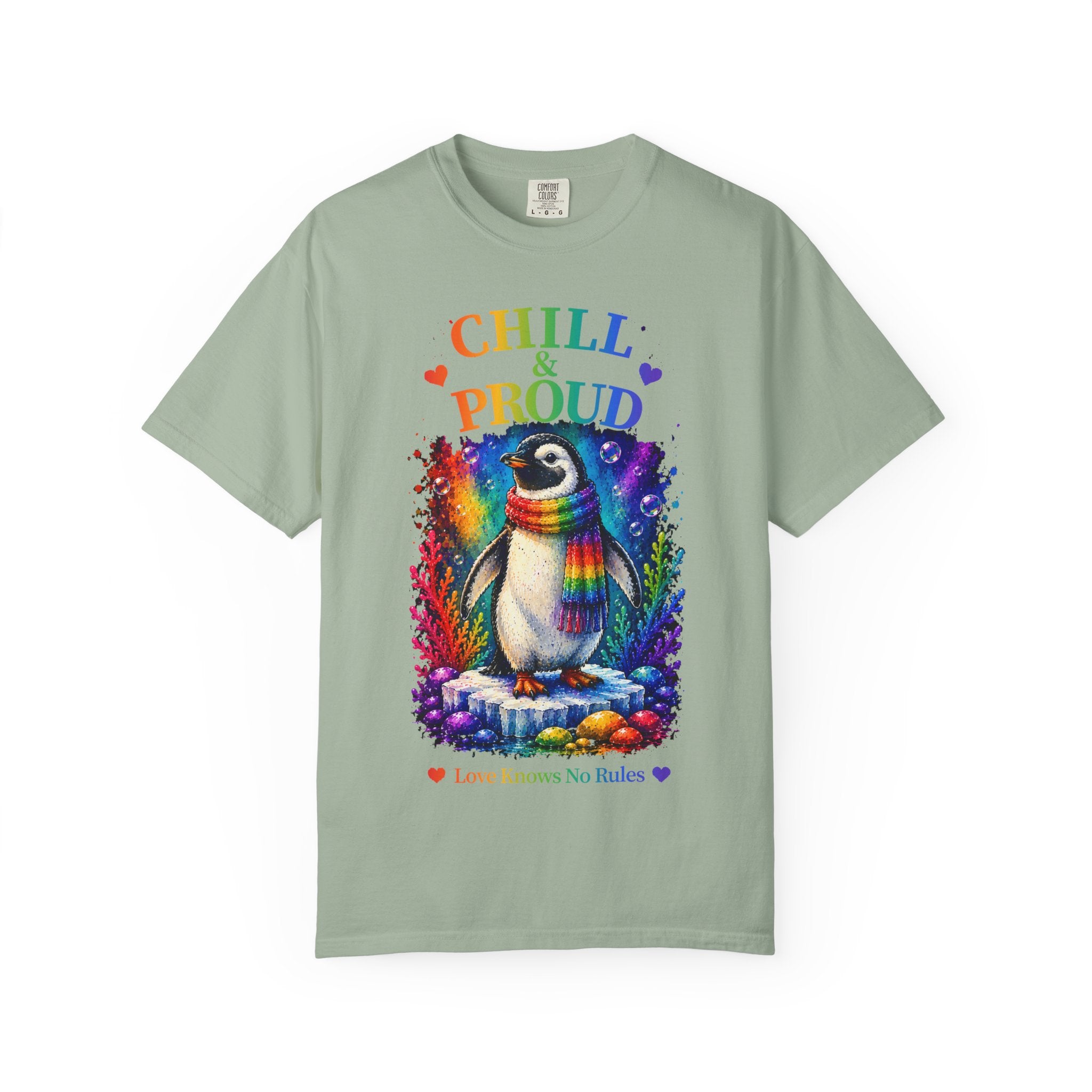 Chill & Proud Penguin T-Shirt — Rainbow LGBTQ+ Pride Tee (Love Knows No Rules)