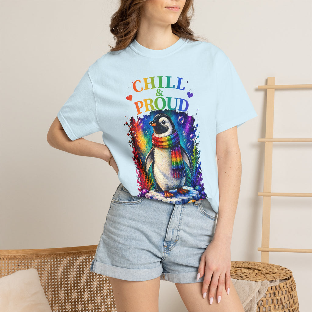 Chill & Proud Penguin T-Shirt — Rainbow LGBTQ+ Pride Tee (Love Knows No Rules)