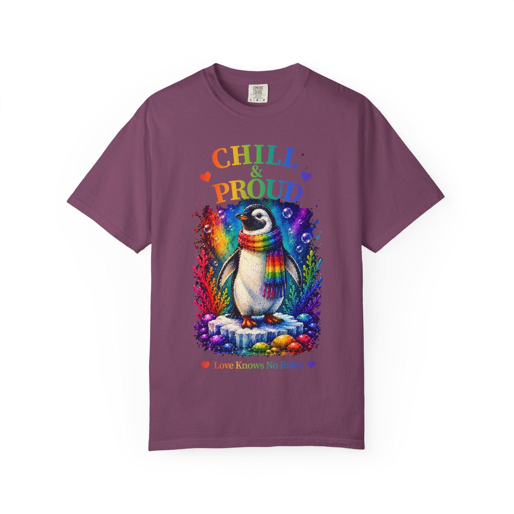 Chill & Proud Penguin T-Shirt — Rainbow LGBTQ+ Pride Tee (Love Knows No Rules)