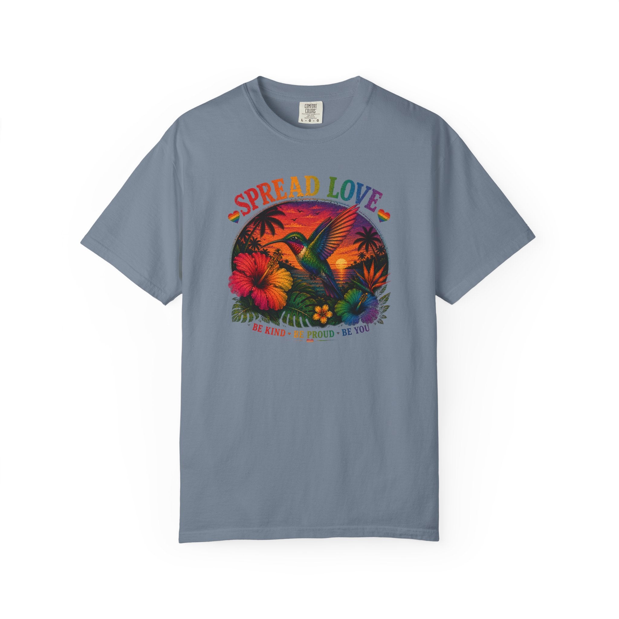 Spread Love T-Shirt — Retro Hummingbird Sunset Floral Tee (Be Kind • Be Proud • Be You)
