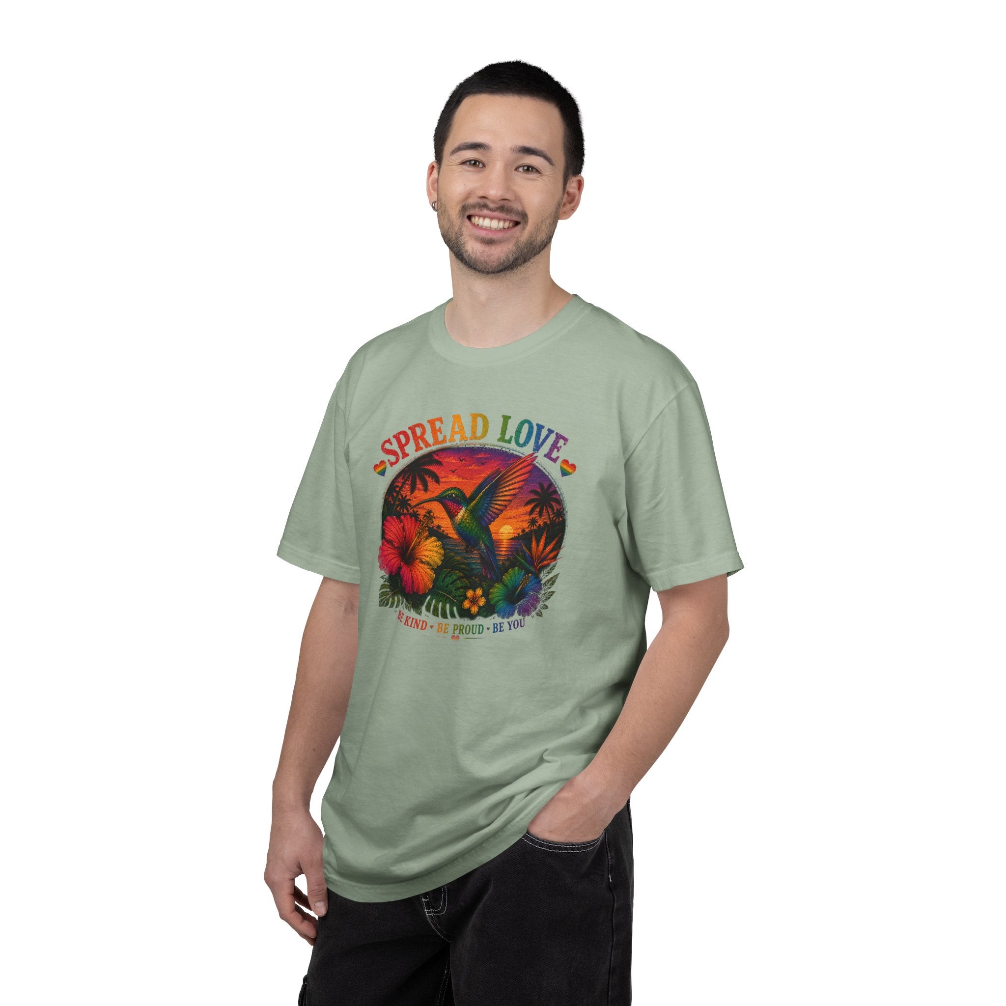 Spread Love T-Shirt — Retro Hummingbird Sunset Floral Tee (Be Kind • Be Proud • Be You)