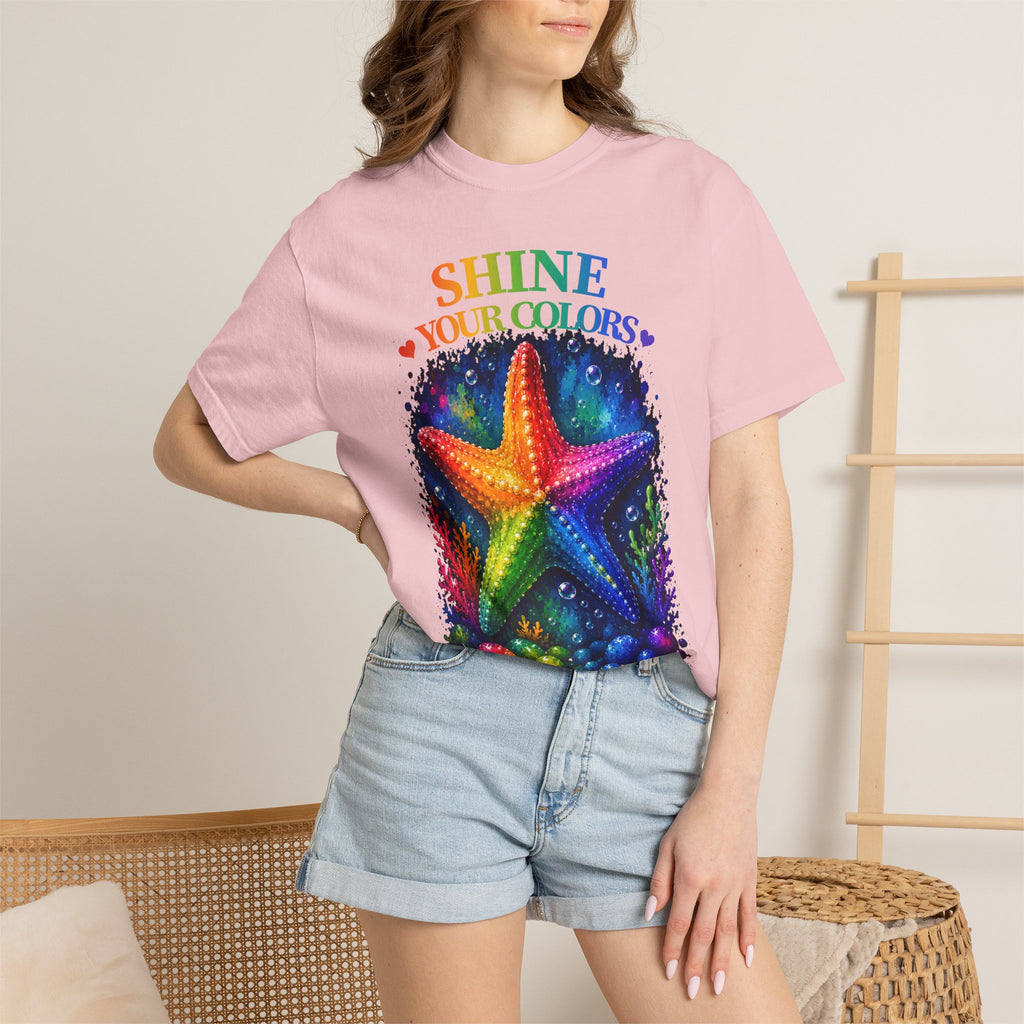 Shine Your Colors Starfish T-Shirt — "Different is Beautiful" Rainbow Ocean Tee
