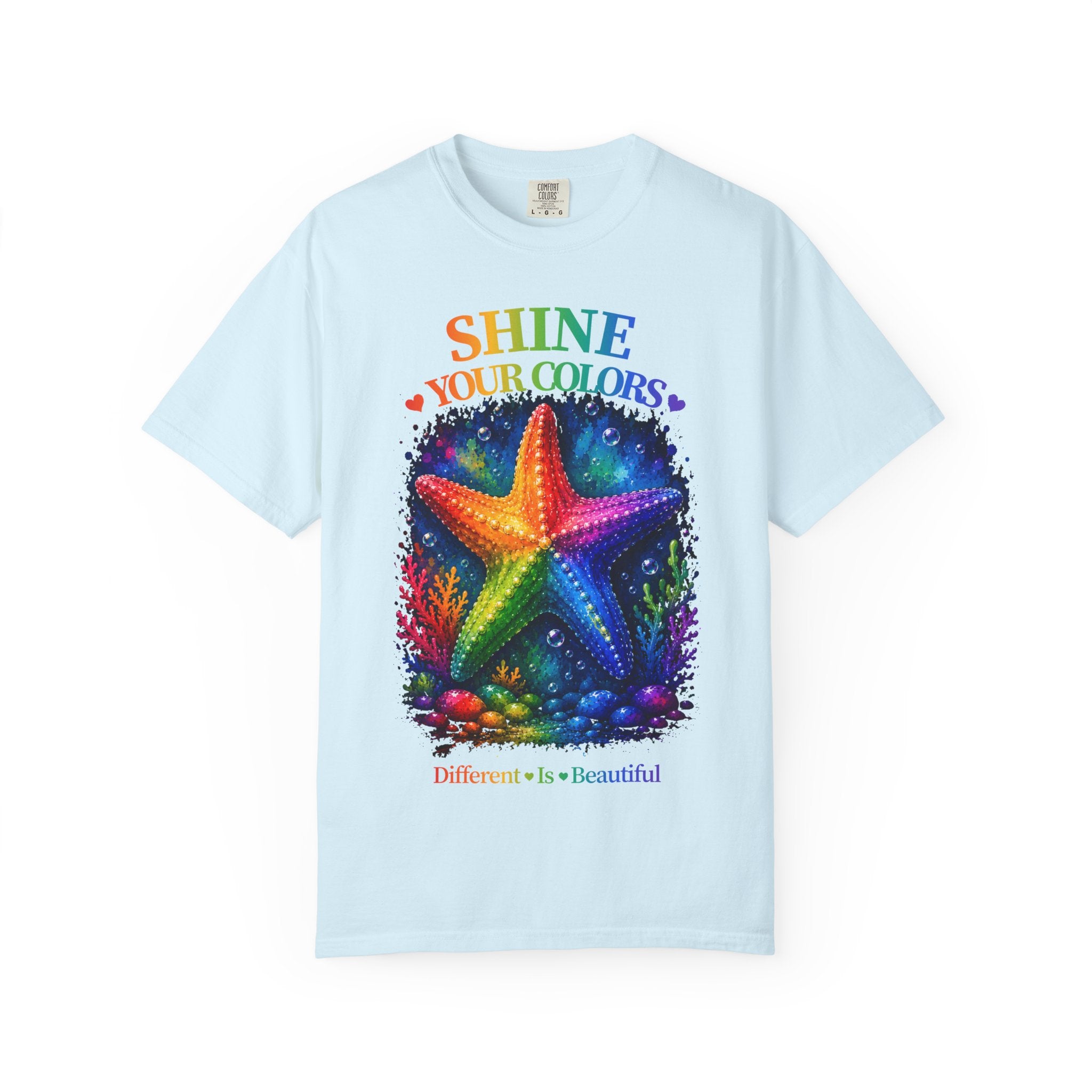 Shine Your Colors Starfish T-Shirt — "Different is Beautiful" Rainbow Ocean Tee