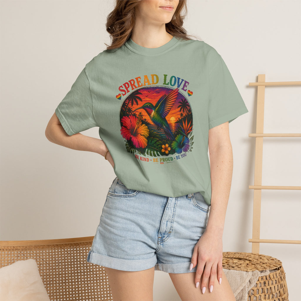 Spread Love T-Shirt — Retro Hummingbird Sunset Floral Tee (Be Kind • Be Proud • Be You)