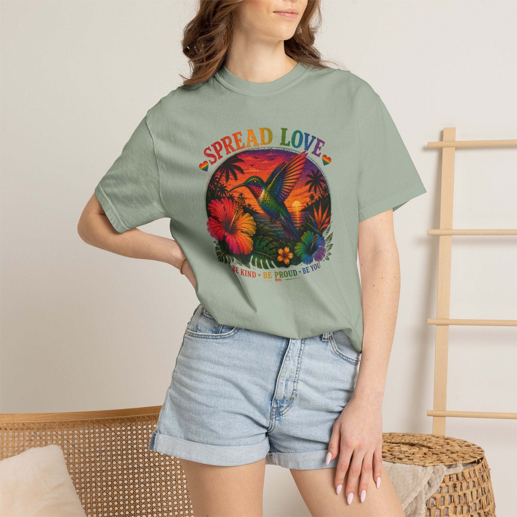 Spread Love T-Shirt — Retro Hummingbird Sunset Floral Tee (Be Kind • Be Proud • Be You)