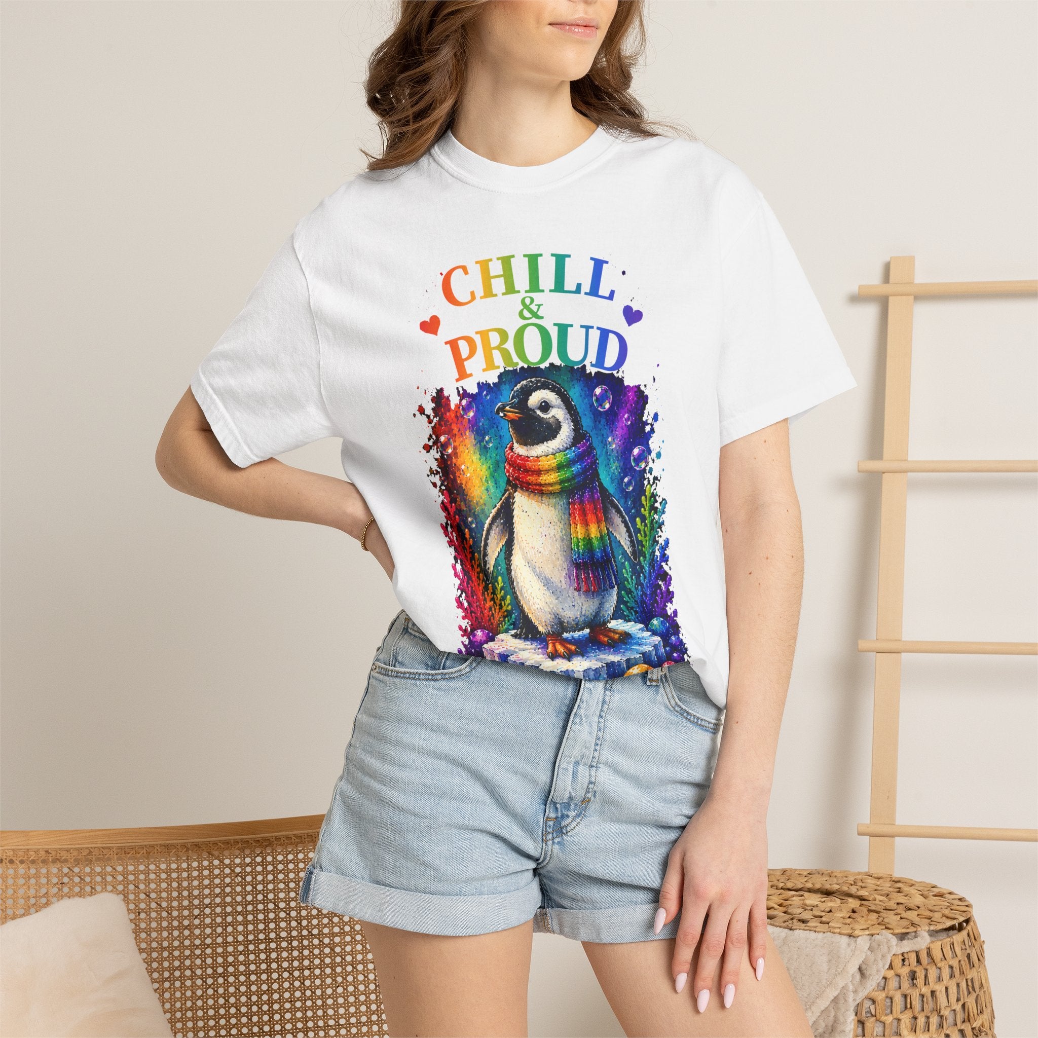Chill & Proud Penguin T-Shirt — Rainbow LGBTQ+ Pride Tee (Love Knows No Rules)