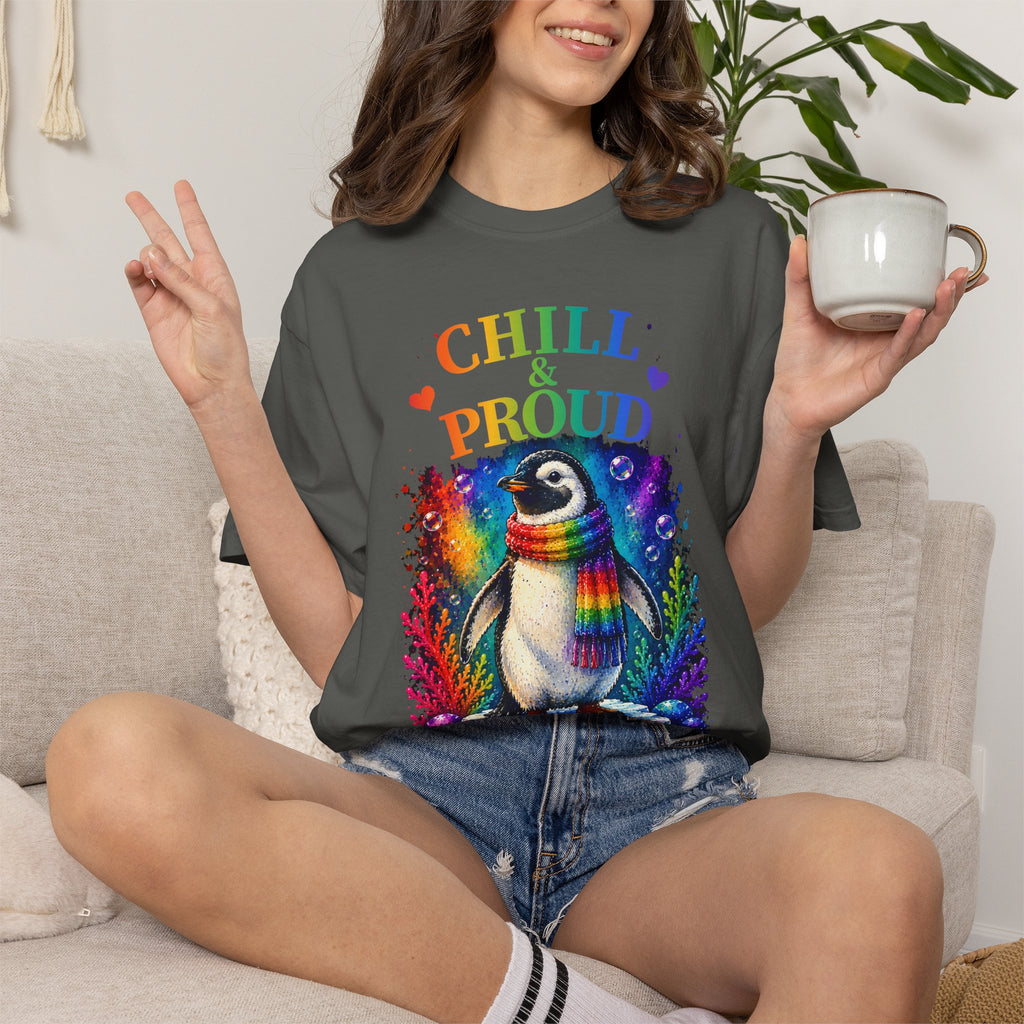 Chill & Proud Penguin T-Shirt — Rainbow LGBTQ+ Pride Tee (Love Knows No Rules)