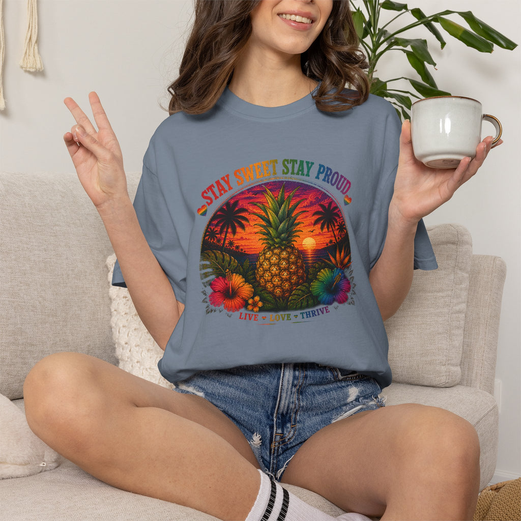 Pineapple Sunset T‑Shirt — “Stay Sweet Stay Proud” Tropical Graphic Tee