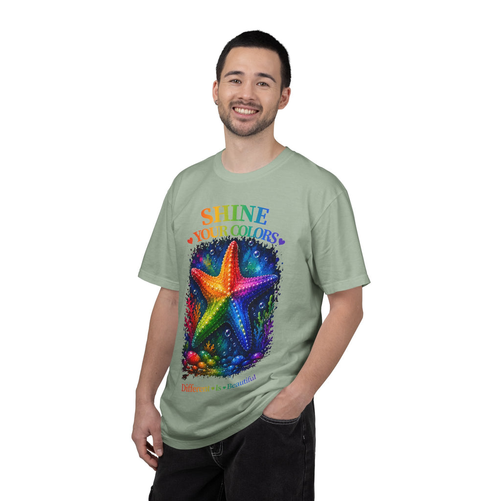 Shine Your Colors Starfish T-Shirt — "Different is Beautiful" Rainbow Ocean Tee