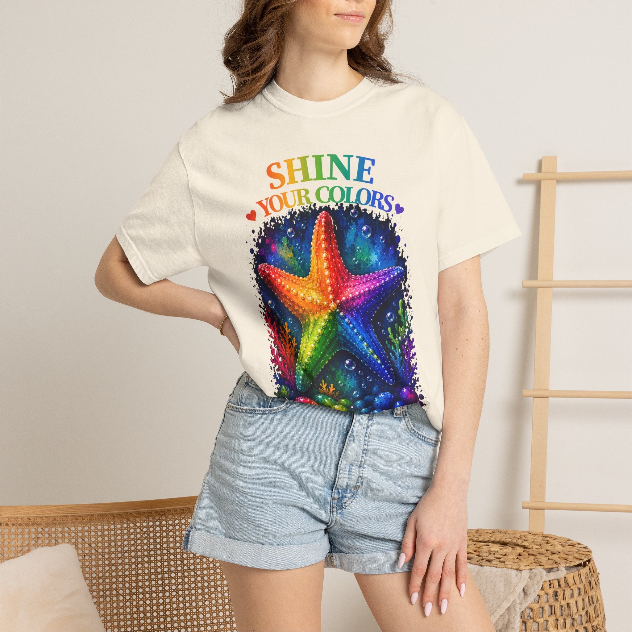 Shine Your Colors Starfish T-Shirt — "Different is Beautiful" Rainbow Ocean Tee